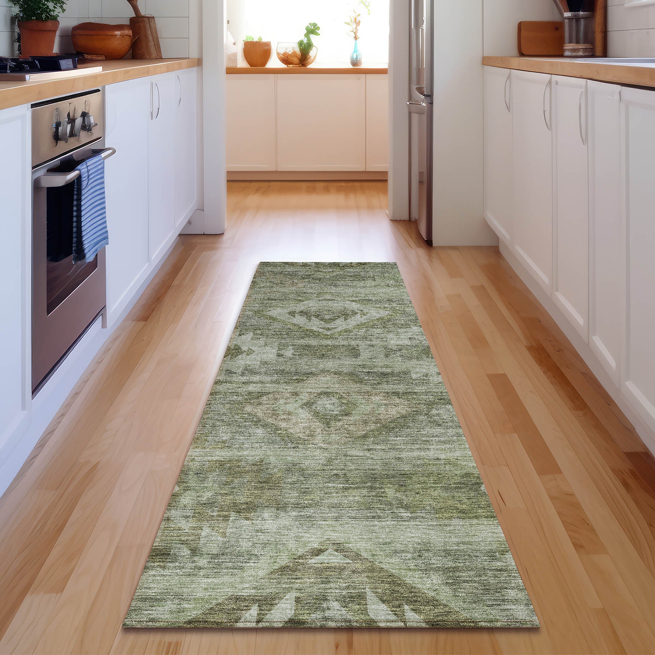 Santorini Machine Washable Transitional Olive Green Rug 2'3" x 7'6" #shape_Runner