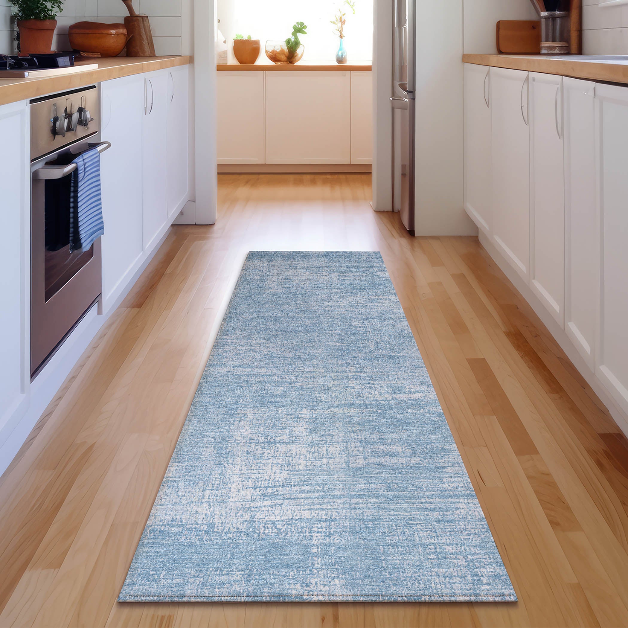 Bern Machine Washable Transitional Blue Rug 2'3" x 7'6" #shape_Runner