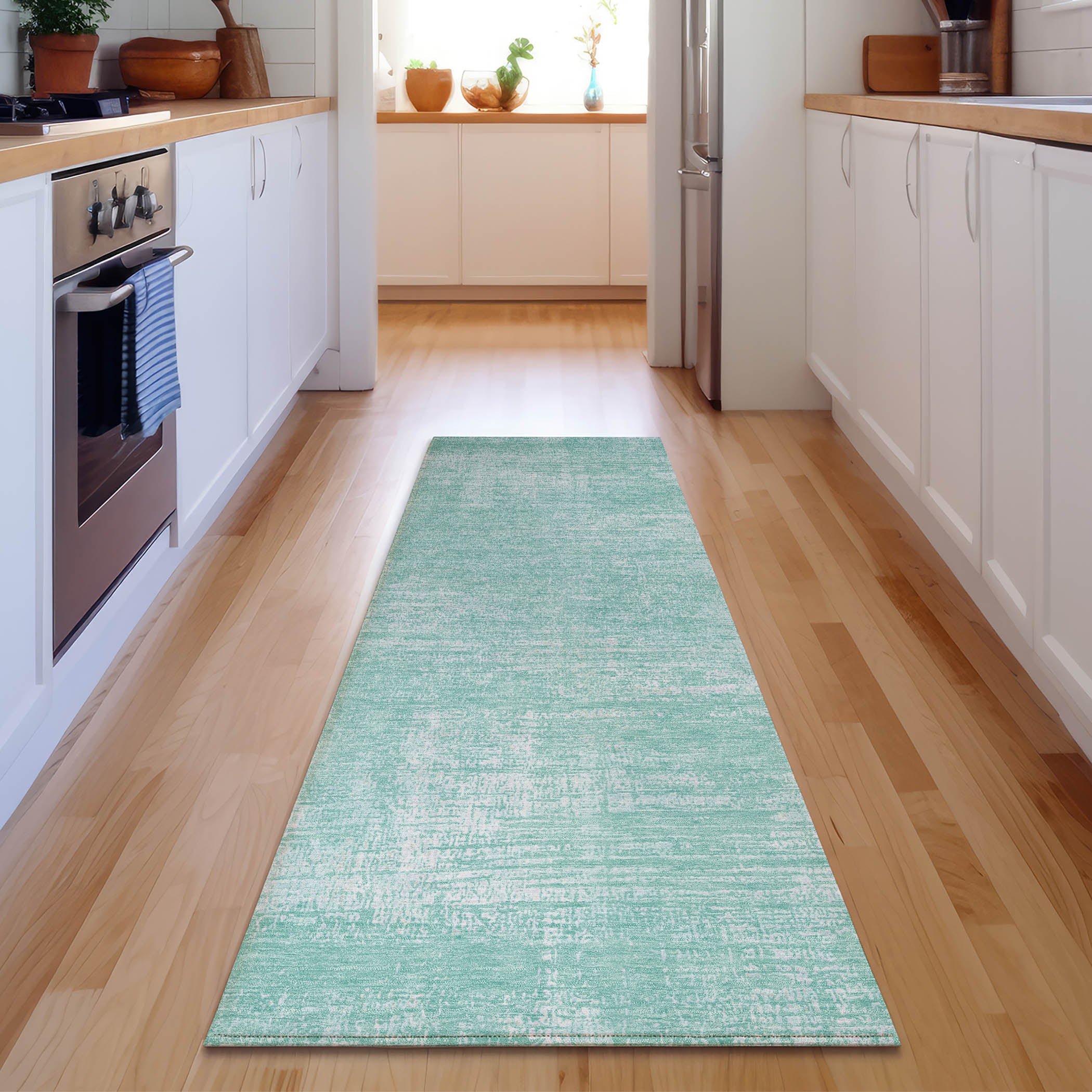 Bern Machine Washable Transitional Turquoise Teal Rug 2'3" x 7'6" #shape_Runner