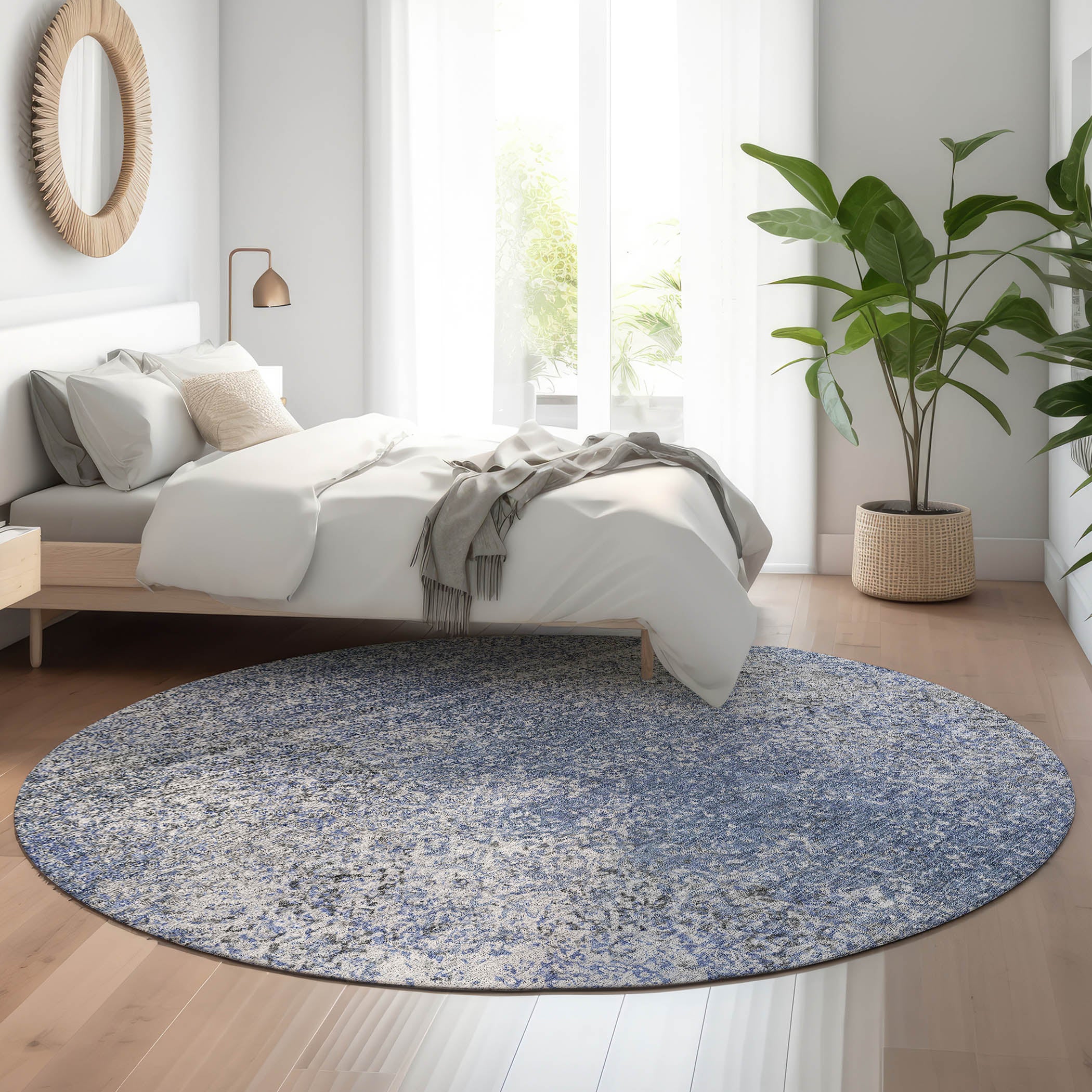 Valletta Machine Washable Transitional Blue Rug 8' x 8' #shape_Round