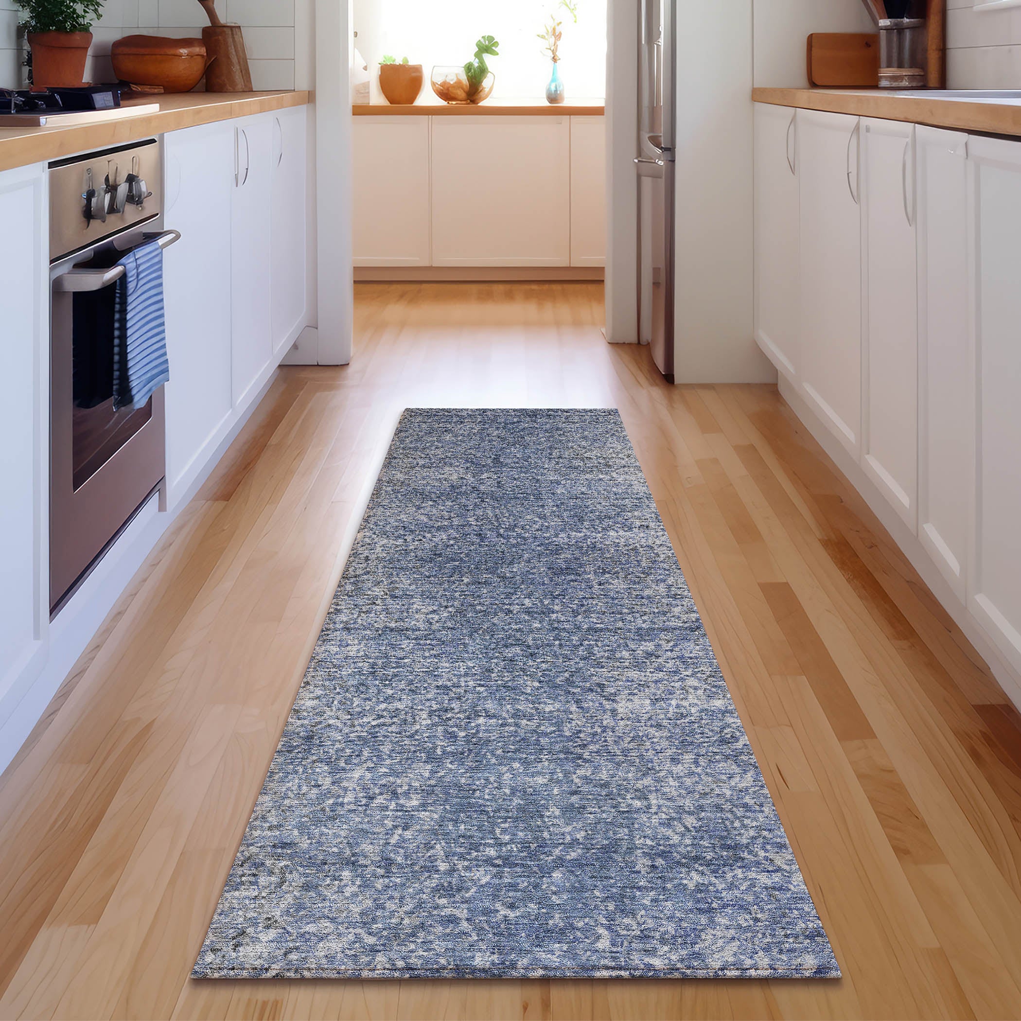 Valletta Machine Washable Transitional Blue Rug 2'3" x 7'6" #shape_Runner
