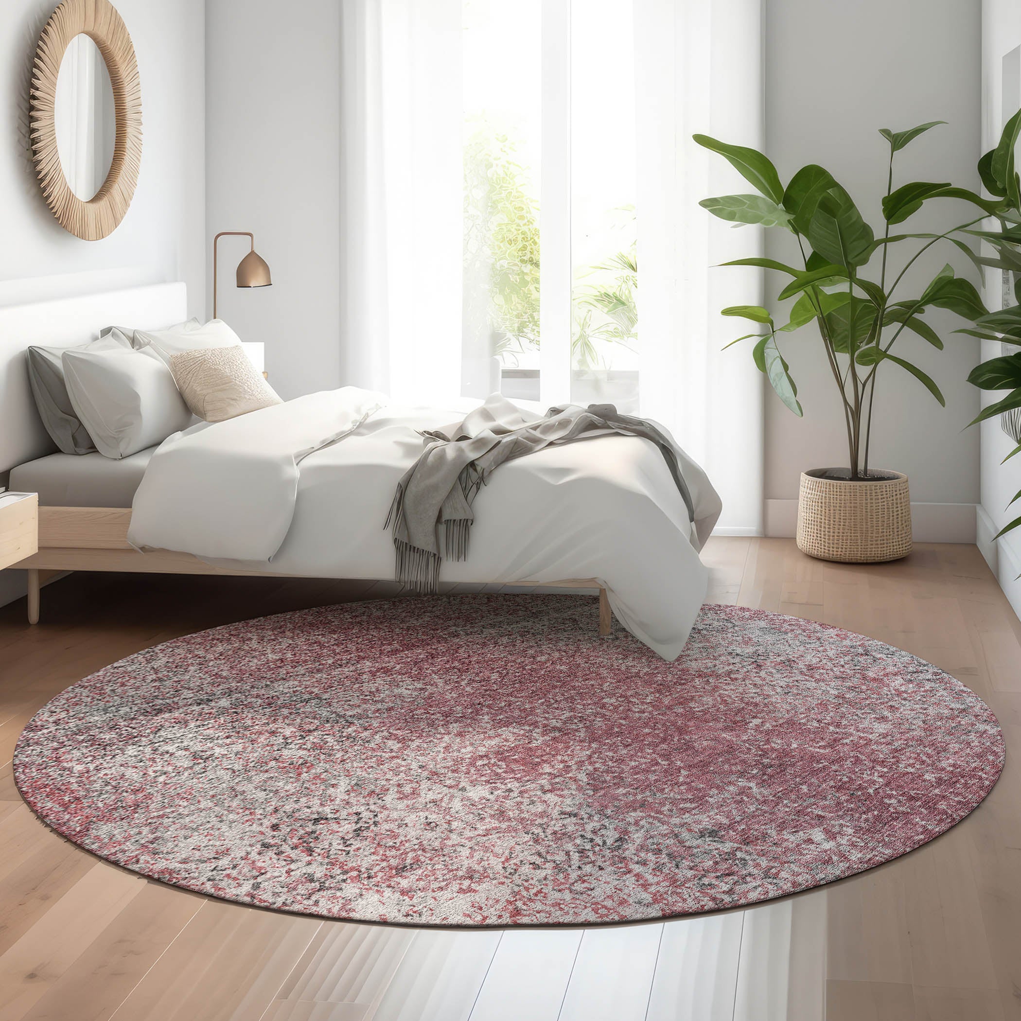 Valletta Machine Washable Transitional Merlot Red Rug 8' x 8' #shape_Round