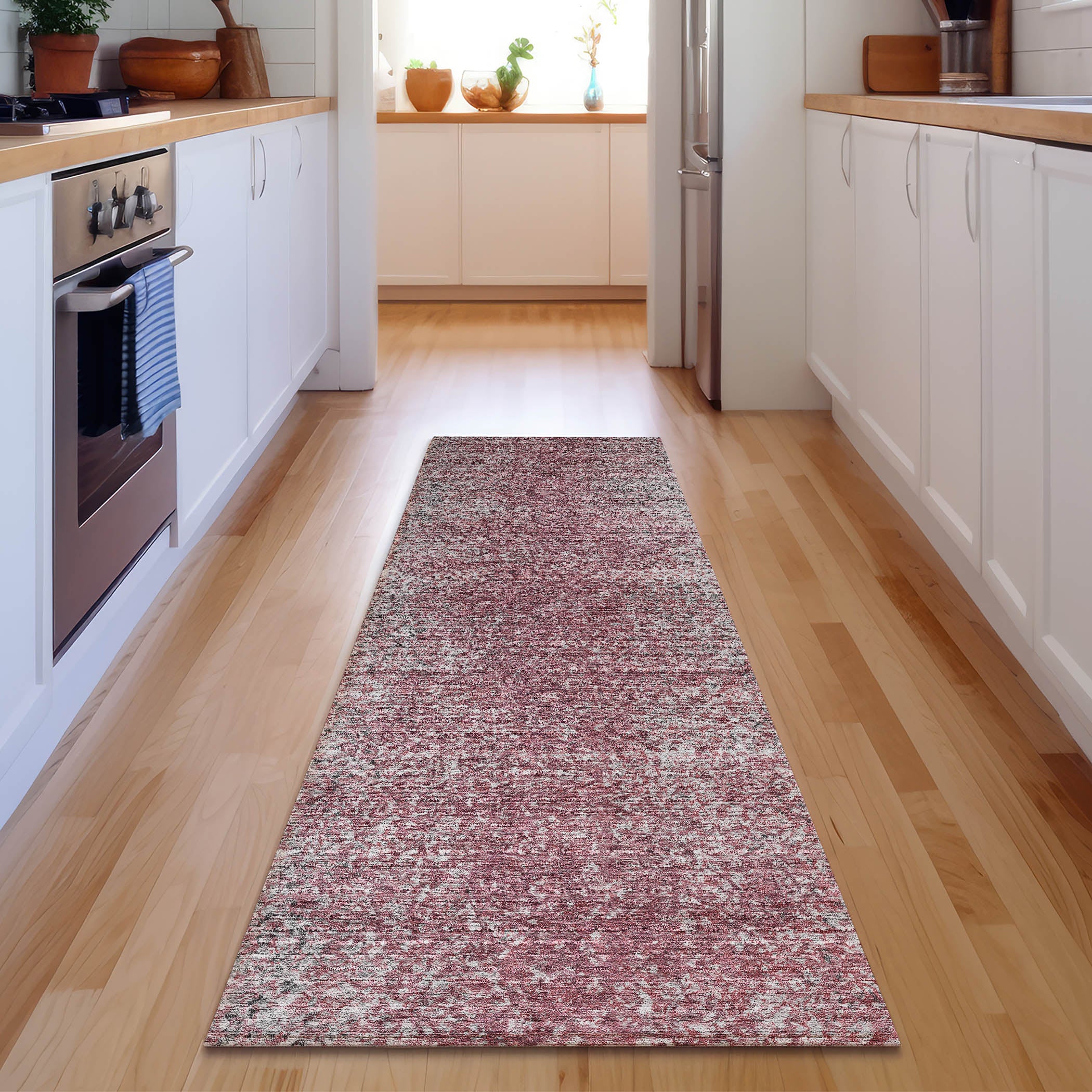 Valletta Machine Washable Transitional Merlot Red Rug 2'3" x 7'6" #shape_Runner