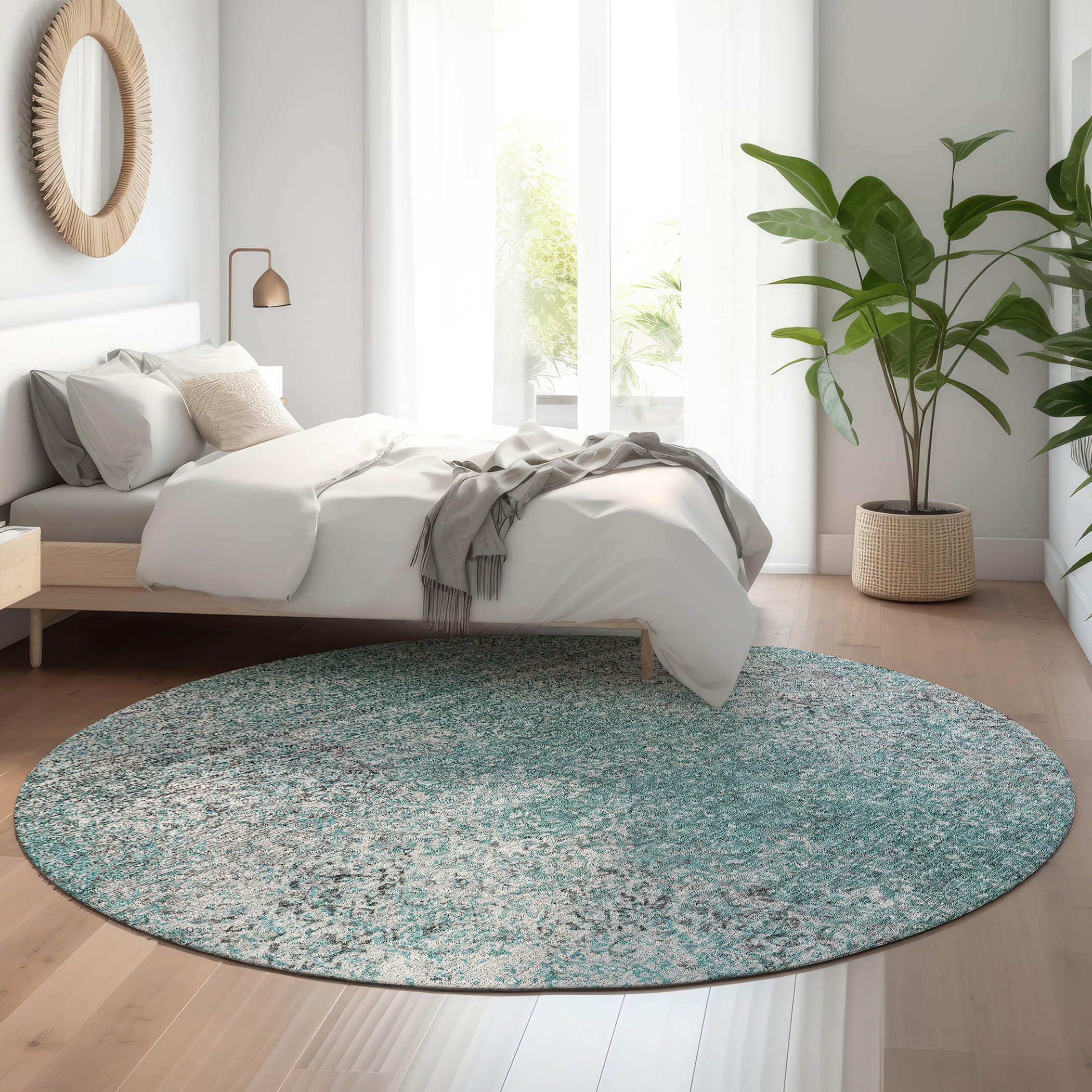 Valletta Machine Washable Transitional Teal Rug 8' x 8' #shape_Round