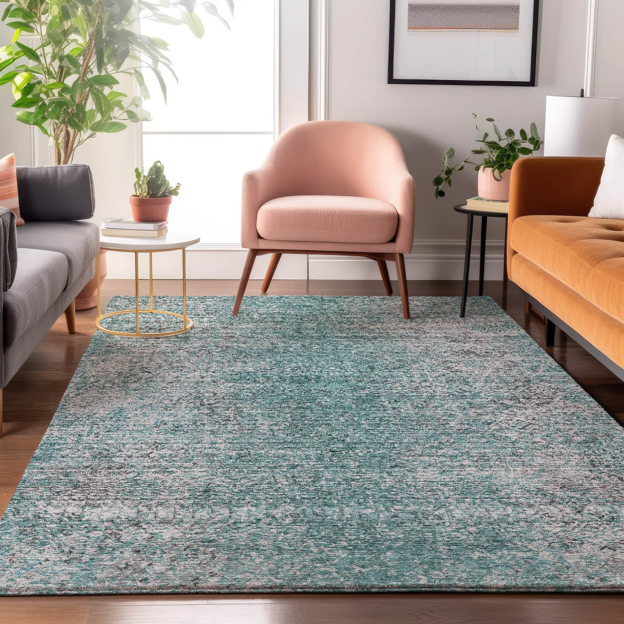 Valletta Machine Washable Transitional Teal Rug 2'6" x 3'10" #shape_Rectangle
