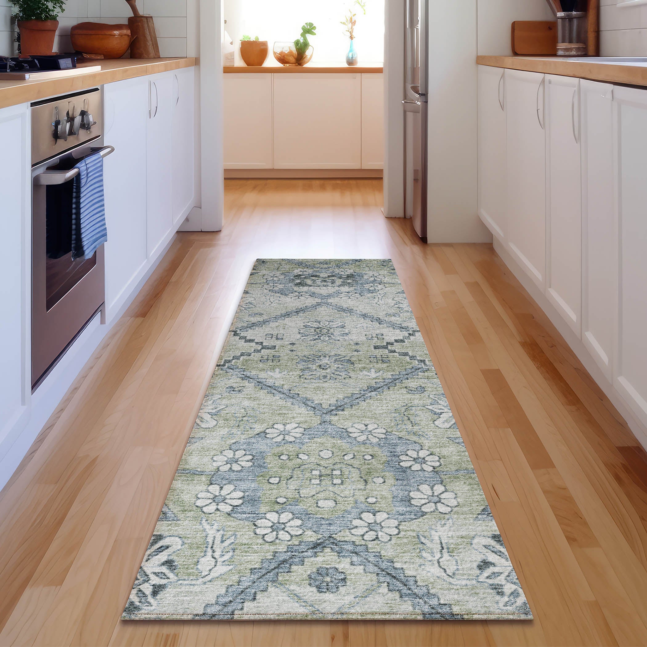 Seville Machine Washable Transitional Aloe Green Rug 2'3" x 7'6" #shape_Runner