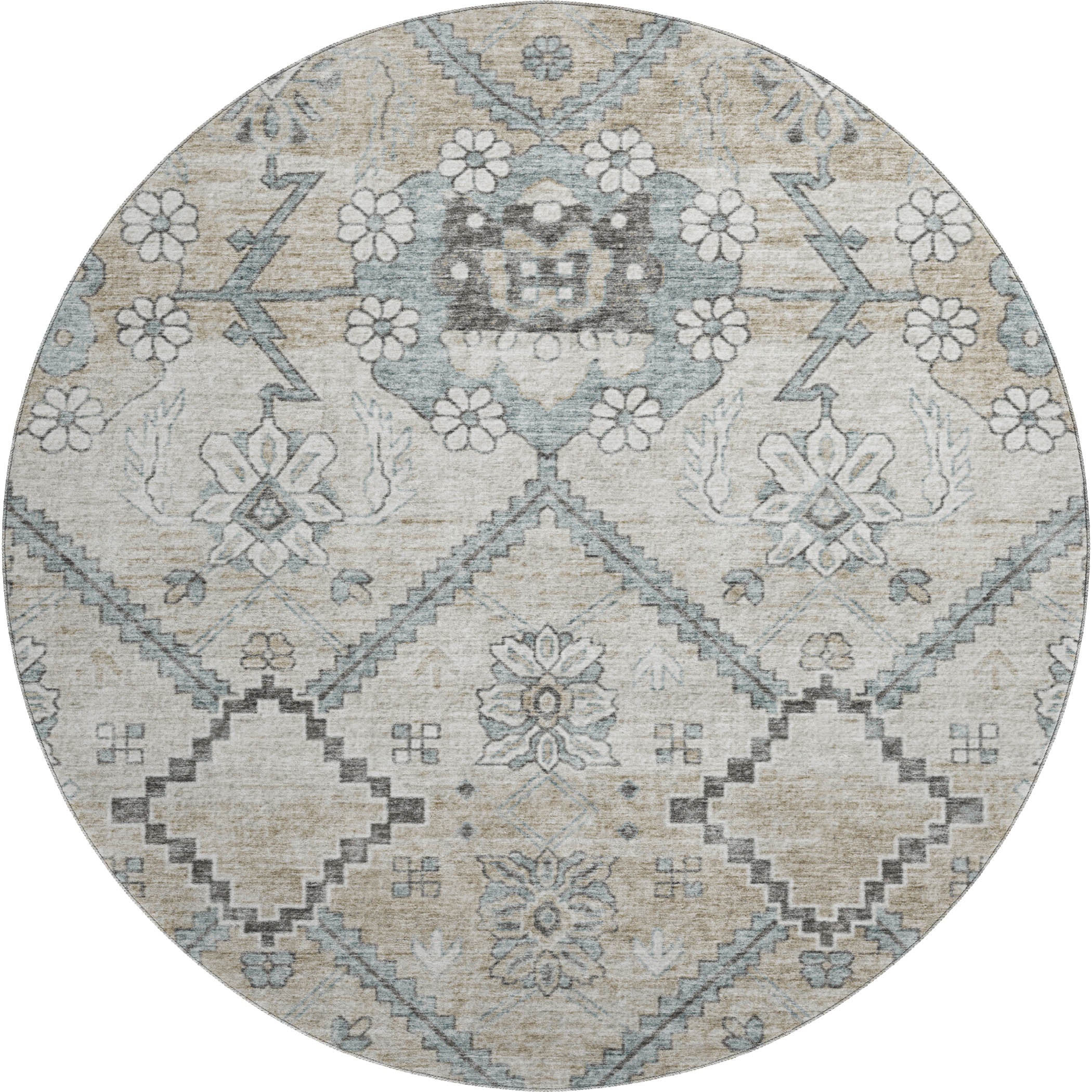 Seville Machine Washable Transitional Beige Brown Rug 8' x 8' #shape_Round