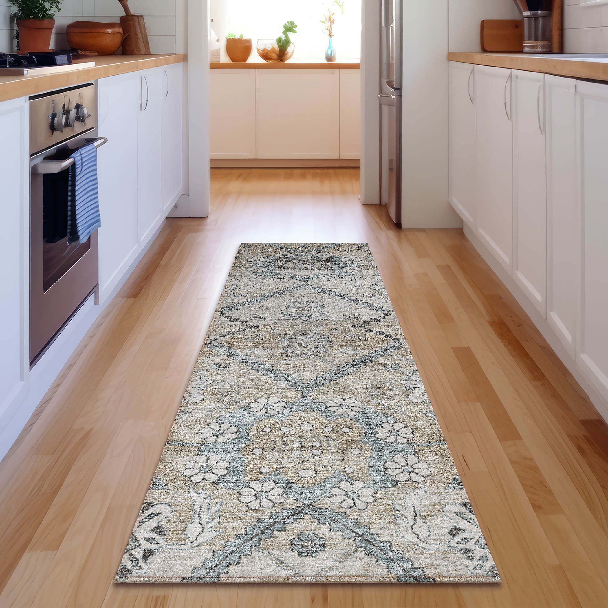 Seville Machine Washable Transitional Beige Brown Rug 2'3" x 7'6" #shape_Runner