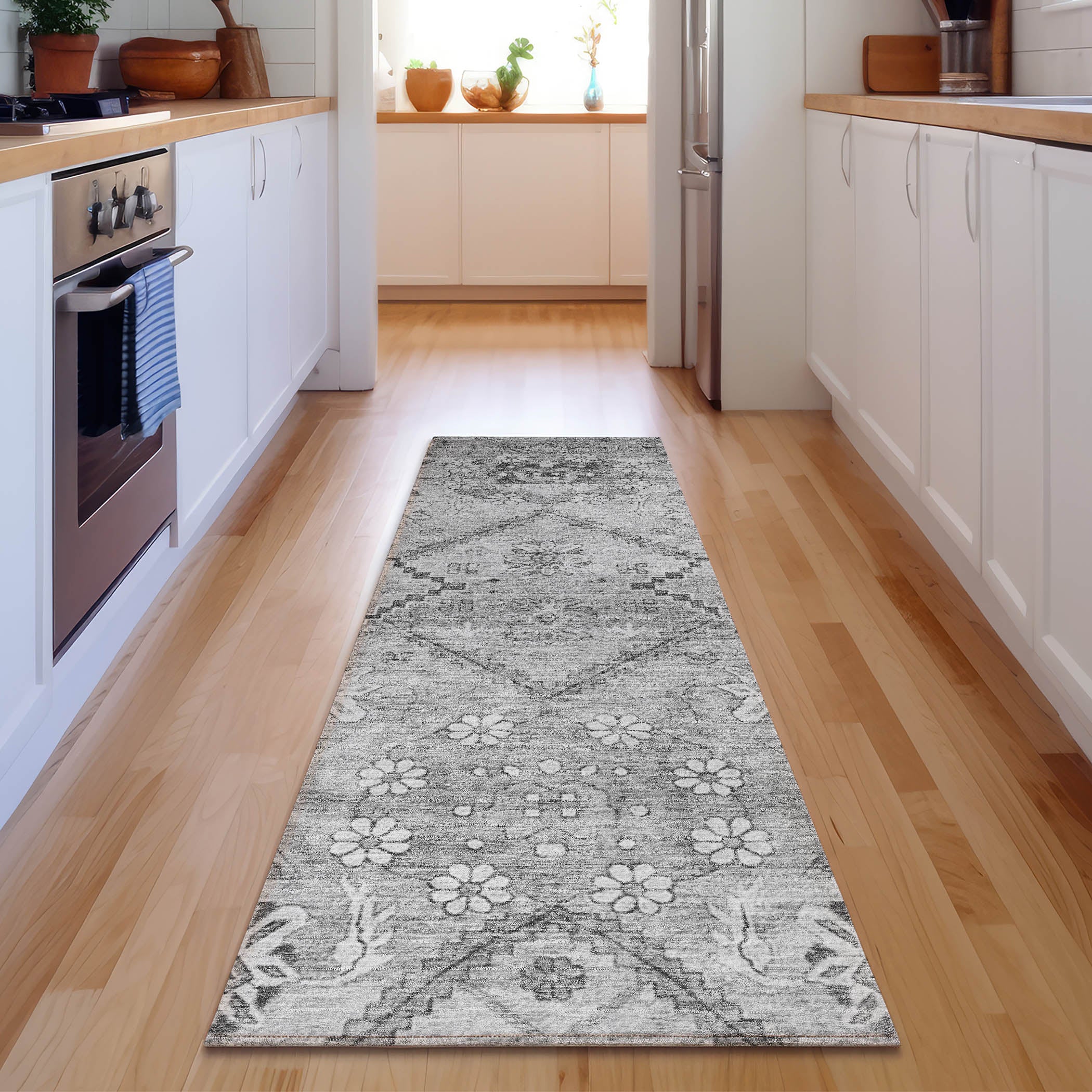 Seville Machine Washable Transitional Gray Rug 2'3" x 7'6" #shape_Runner