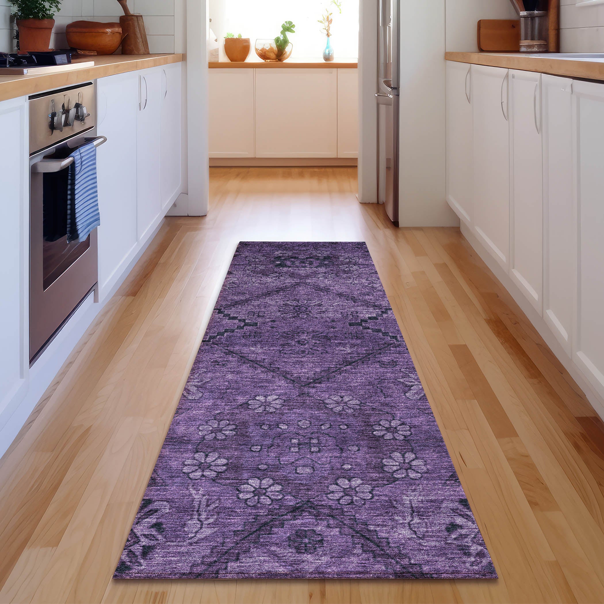 Dublin Machine Washable Transitional Eggplant Purple Rug 2'3" x 7'6" #shape_Runner