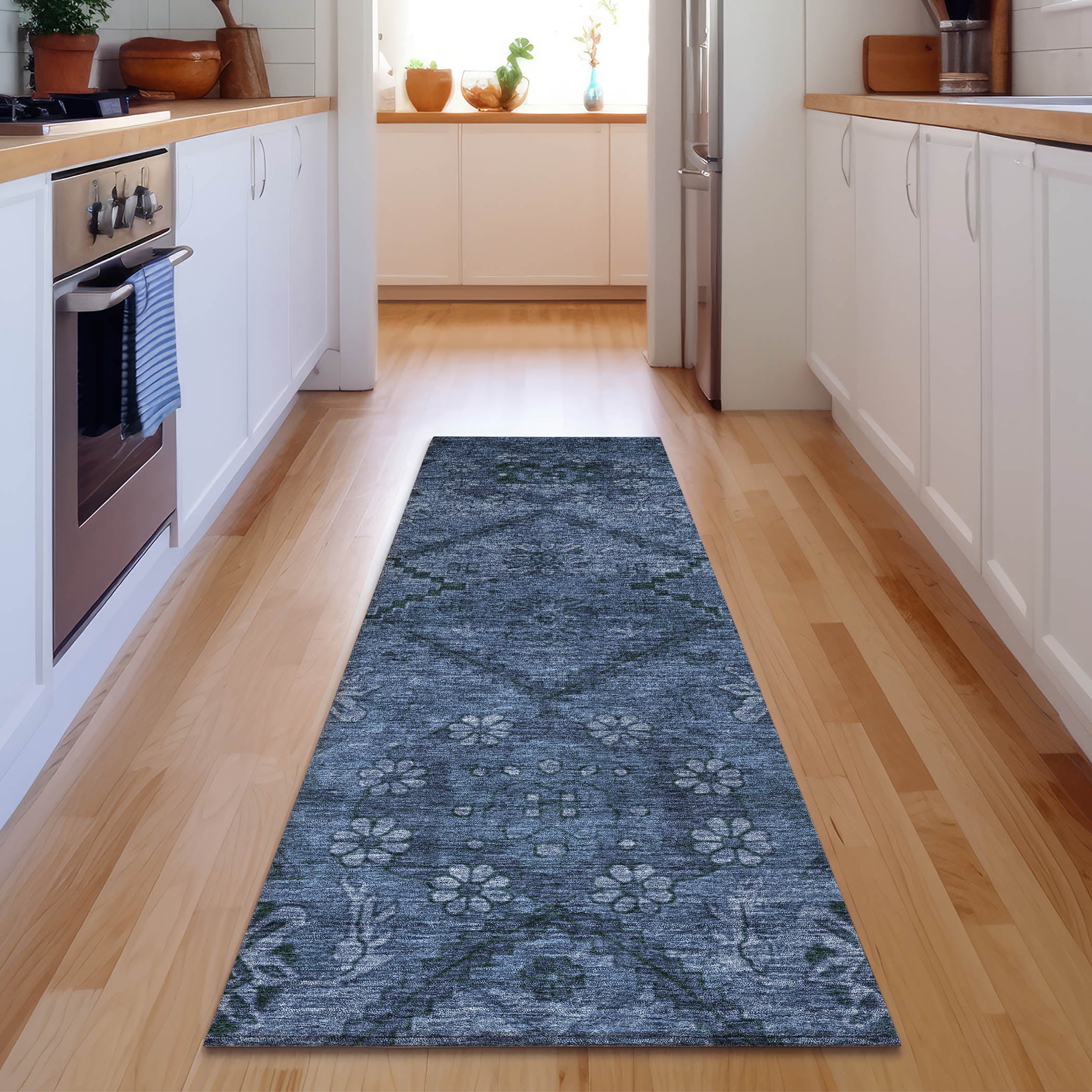 Dublin Machine Washable Transitional Navy Blue Rug 2'3" x 7'6" #shape_Runner