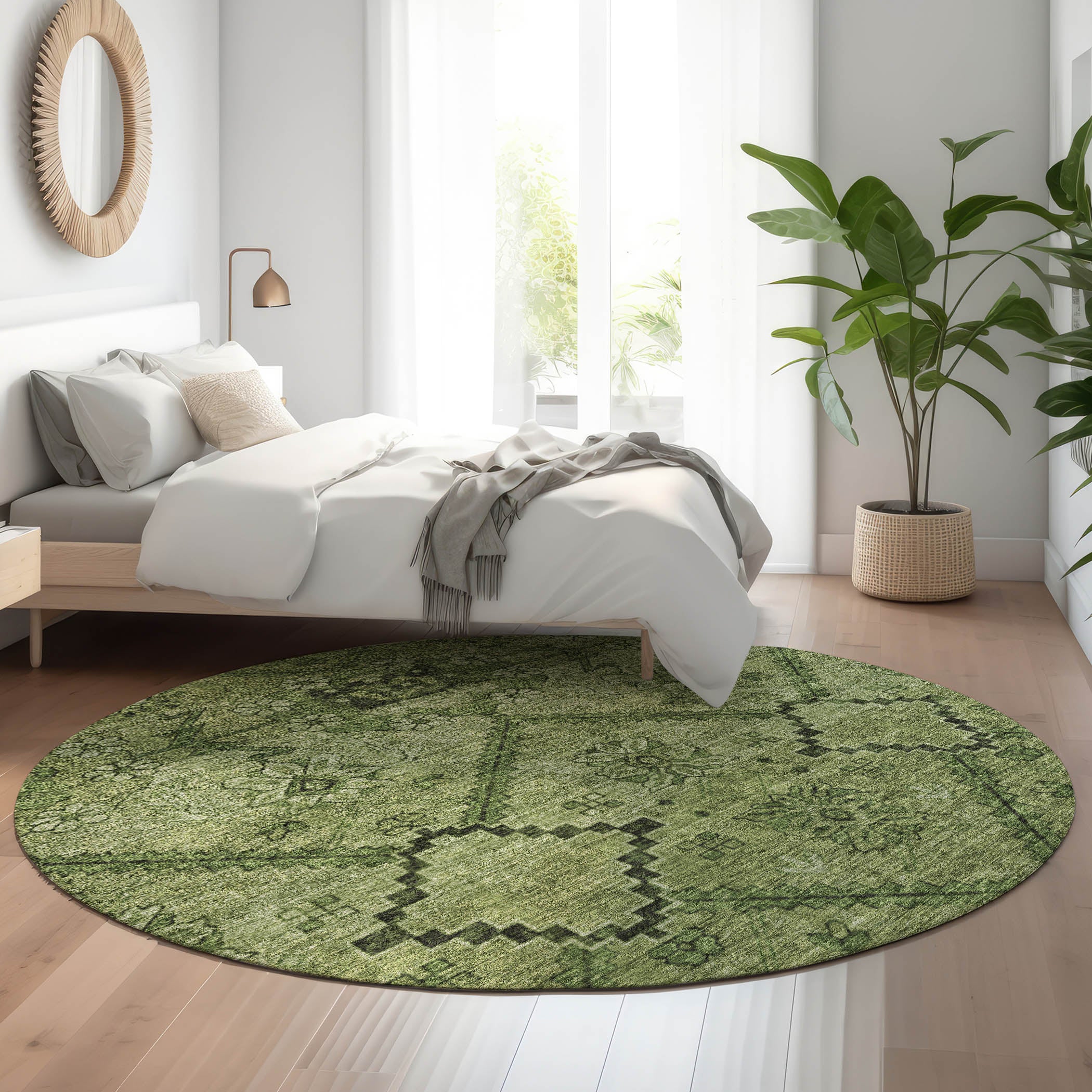 Dublin Machine Washable Transitional Olive Green Rug 8' x 8' #shape_Round