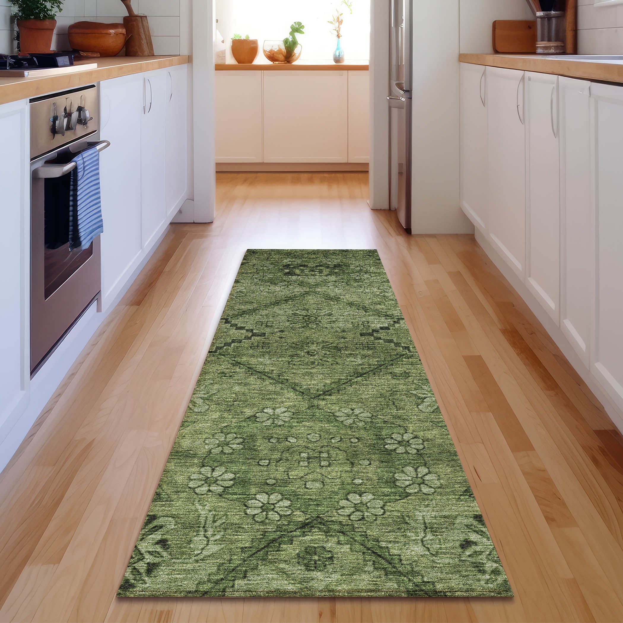 Dublin Machine Washable Transitional Olive Green Rug 2'3" x 7'6" #shape_Runner