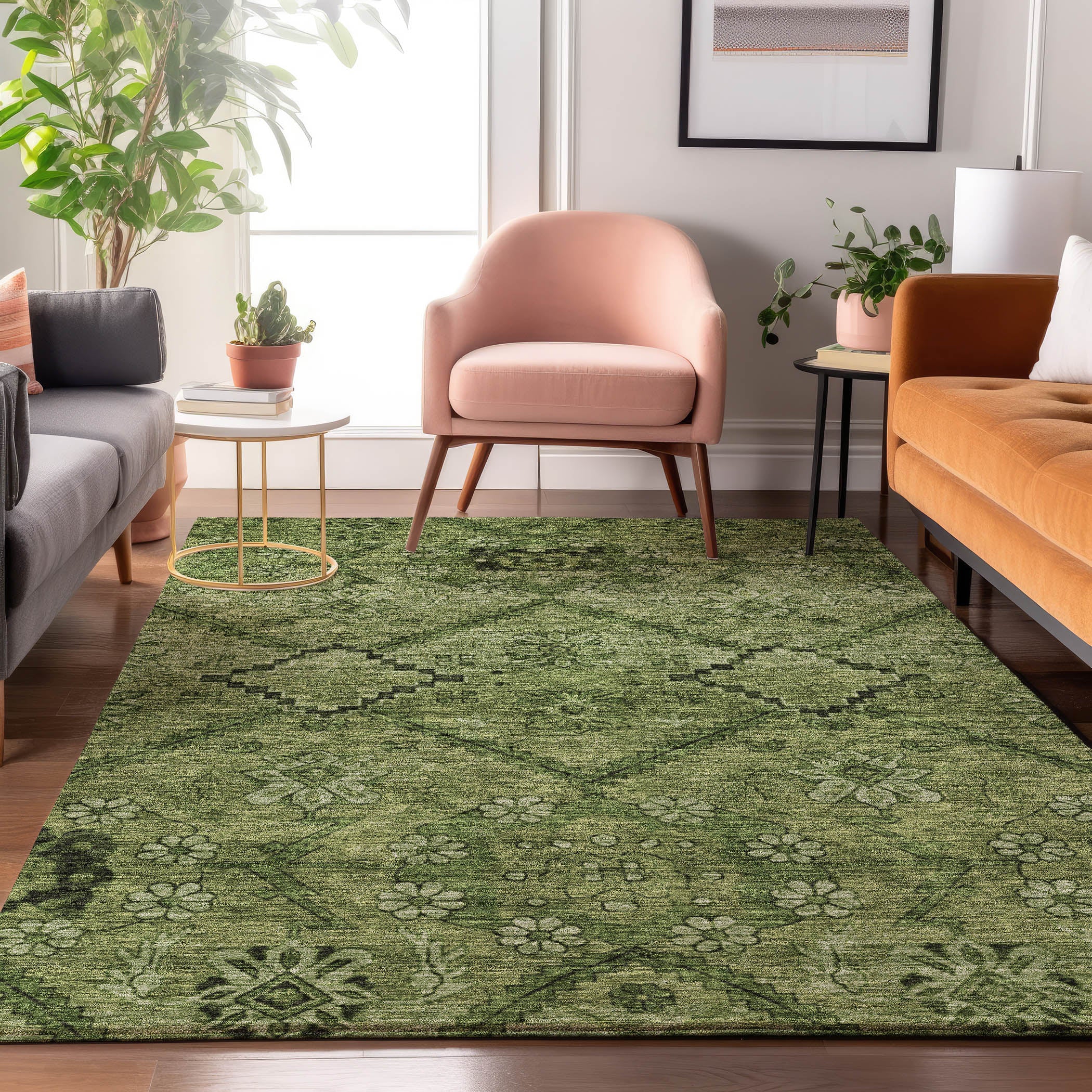 Dublin Machine Washable Transitional Olive Green Rug 2'6" x 3'10" #shape_Rectangle