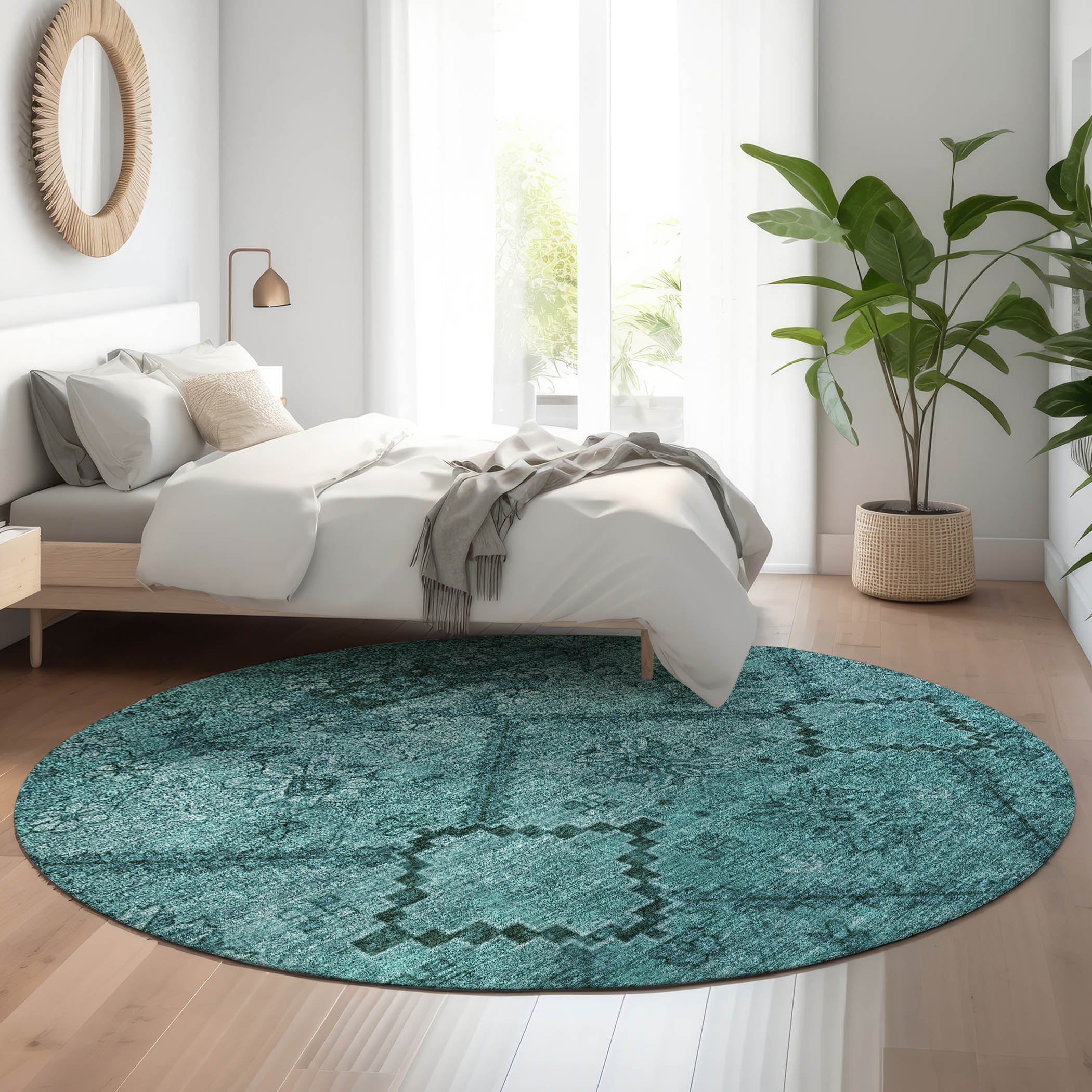 Dublin Machine Washable Transitional Teal Rug 8' x 8' #shape_Round