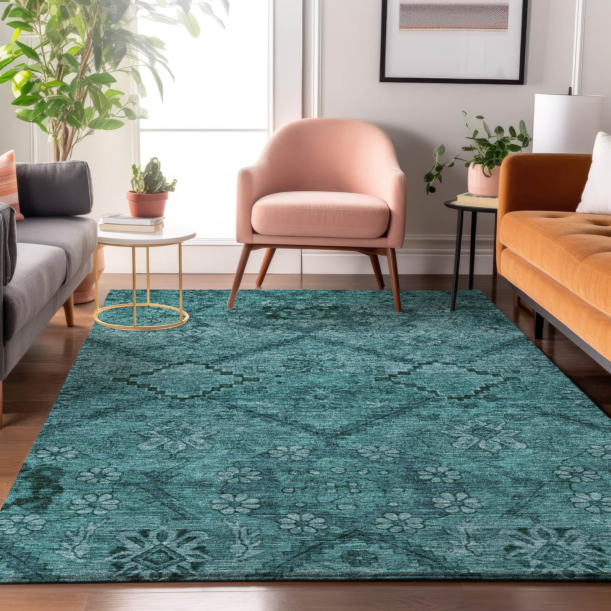 Dublin Machine Washable Transitional Teal Rug 2'6" x 3'10" #shape_Rectangle