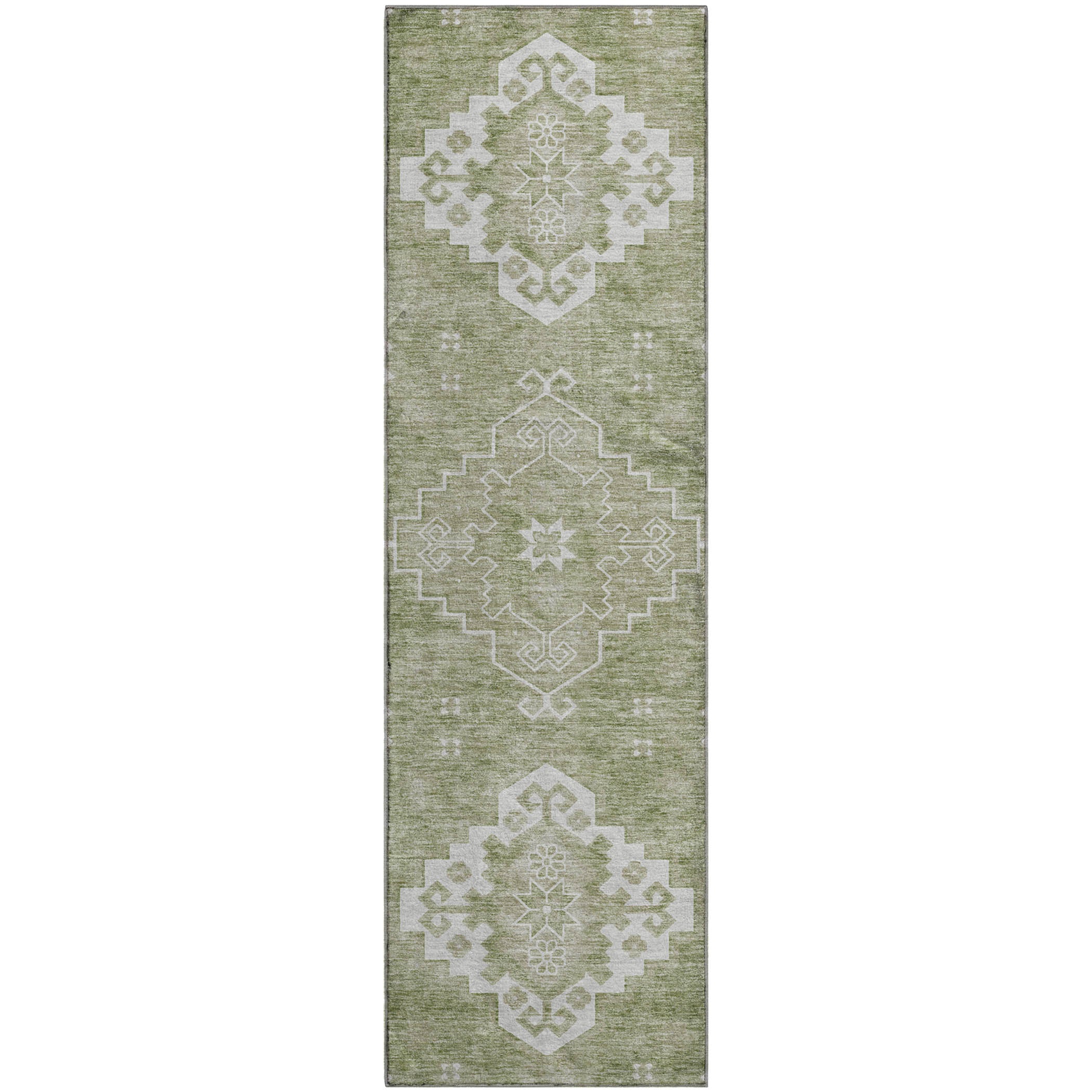 Santorini Machine Washable Traditional Aloe Green Rug 2'3" x 7'6" #shape_Runner