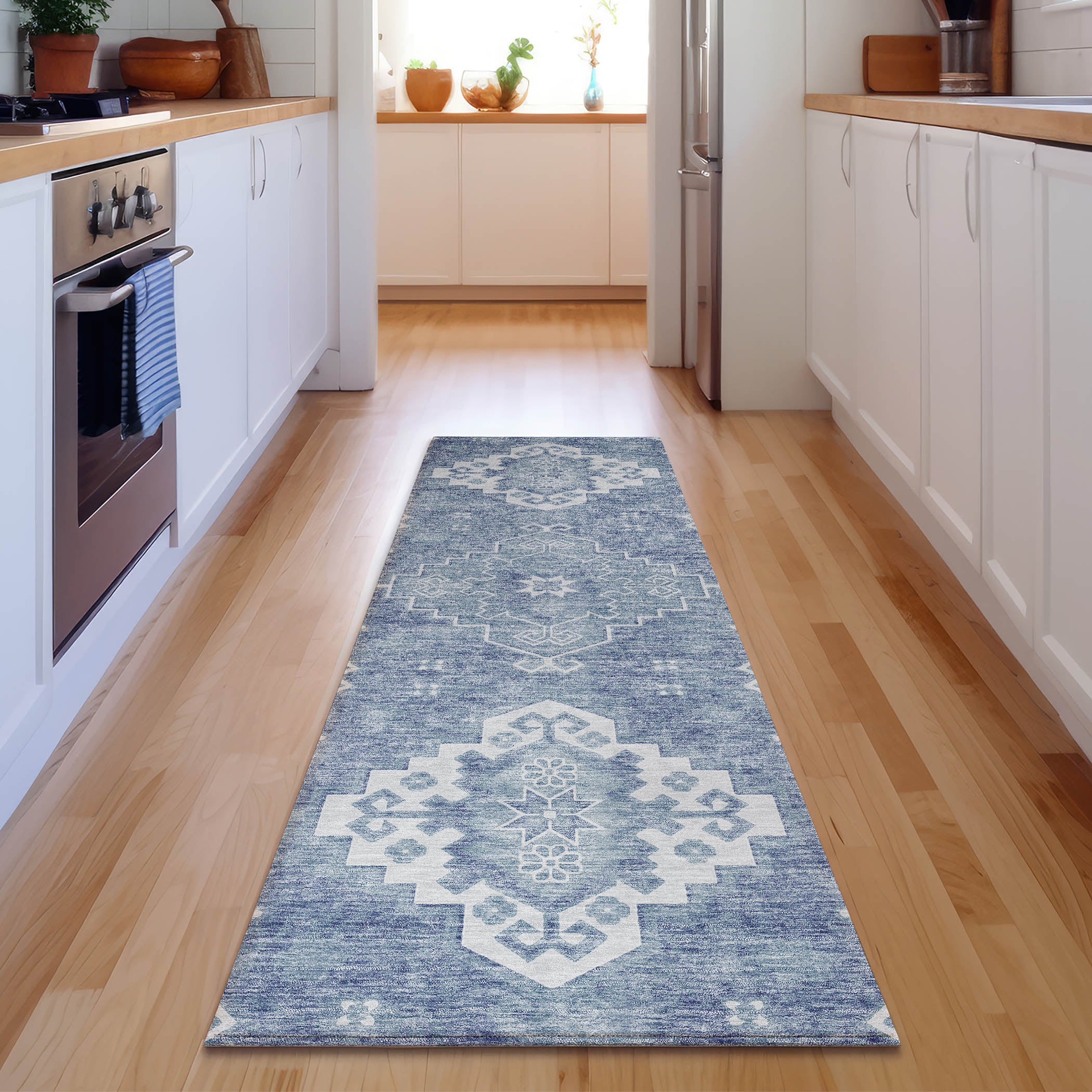 Santorini Machine Washable Traditional Blue Rug 2'3" x 7'6" #shape_Runner