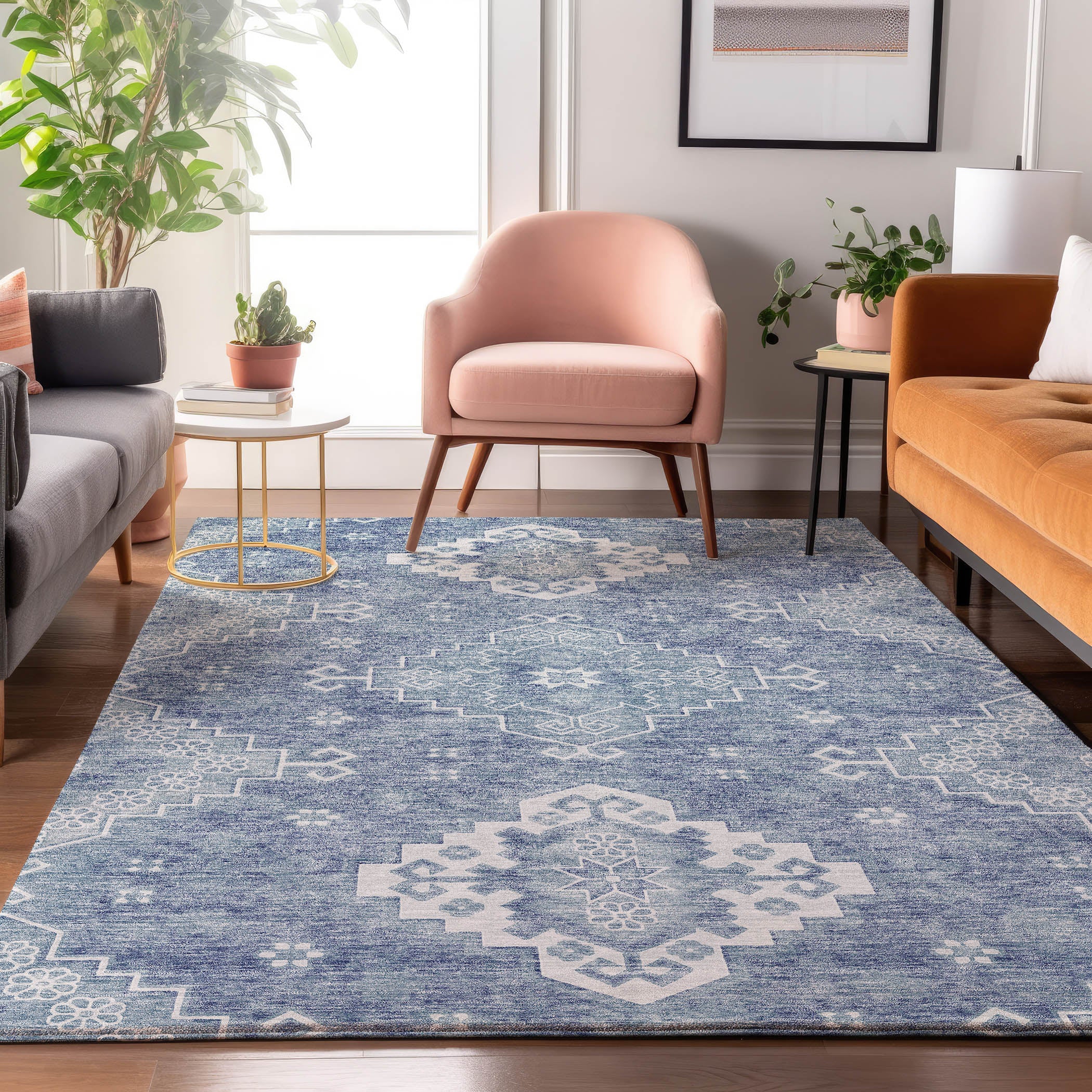 Santorini Machine Washable Traditional Blue Rug 2'6" x 3'10" #shape_Rectangle