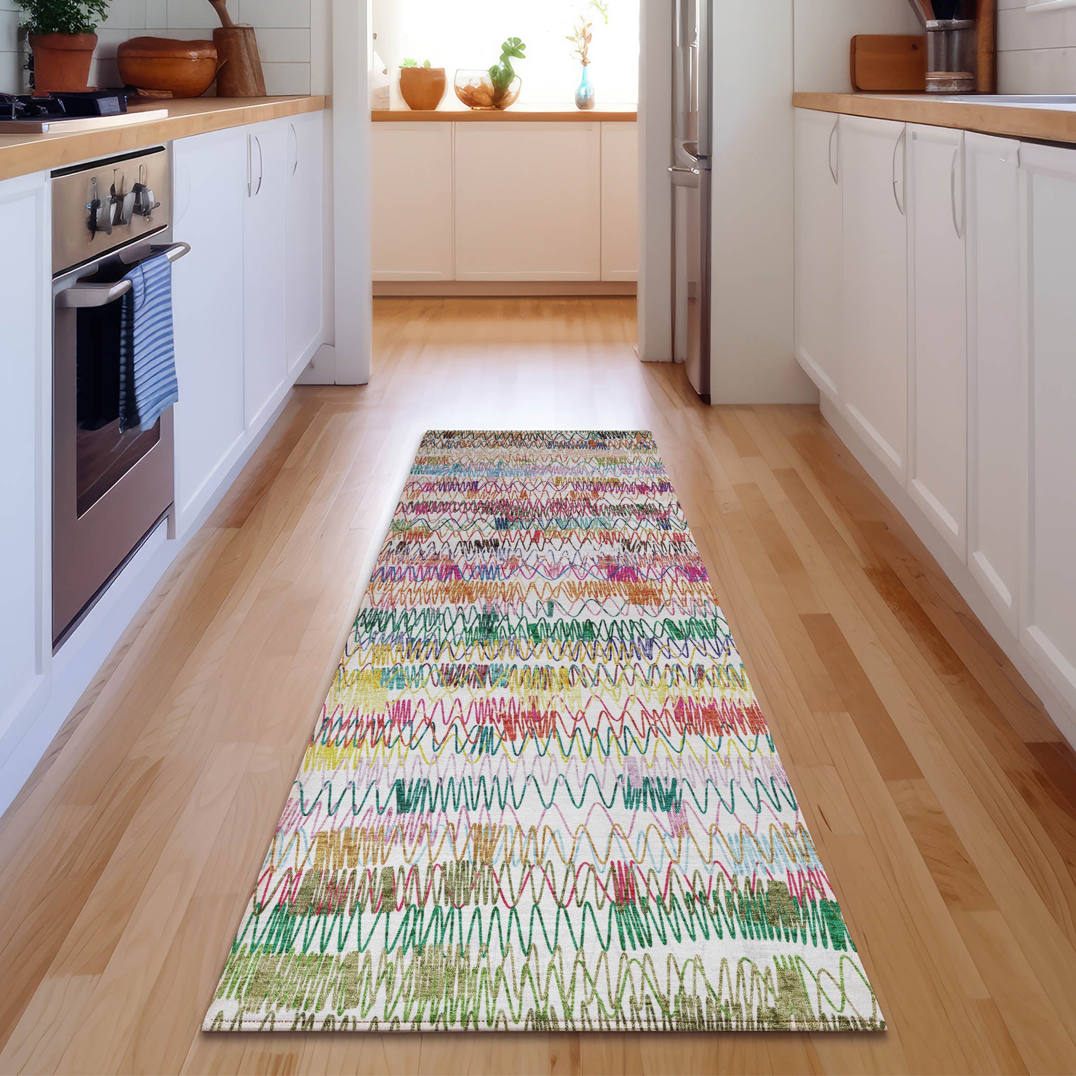Oslo Machine Washable Transitional Green Rug 2'3" x 7'6" #shape_Runner
