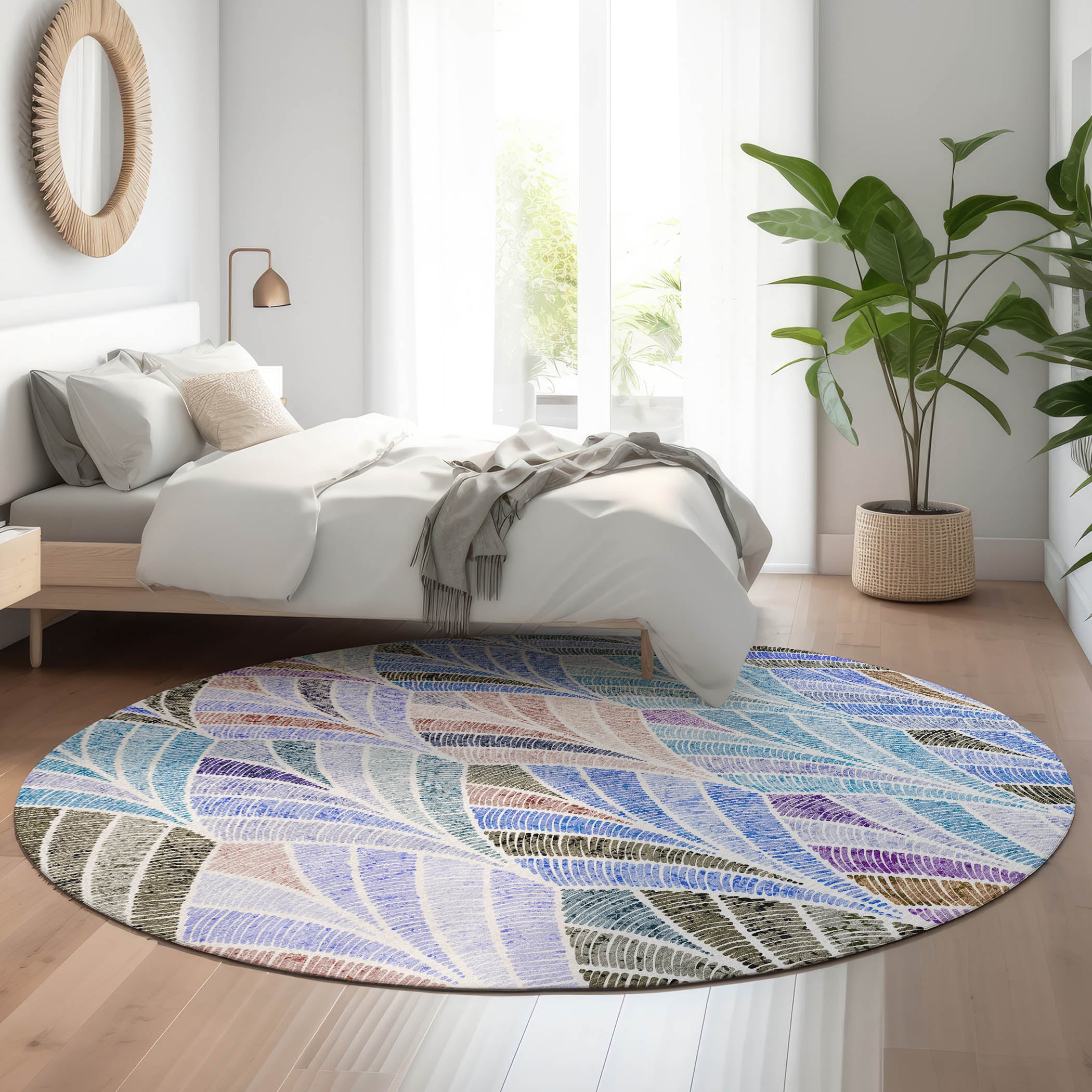Montevideo Machine Washable Transitional Blue Rug 8' x 8' #shape_Round