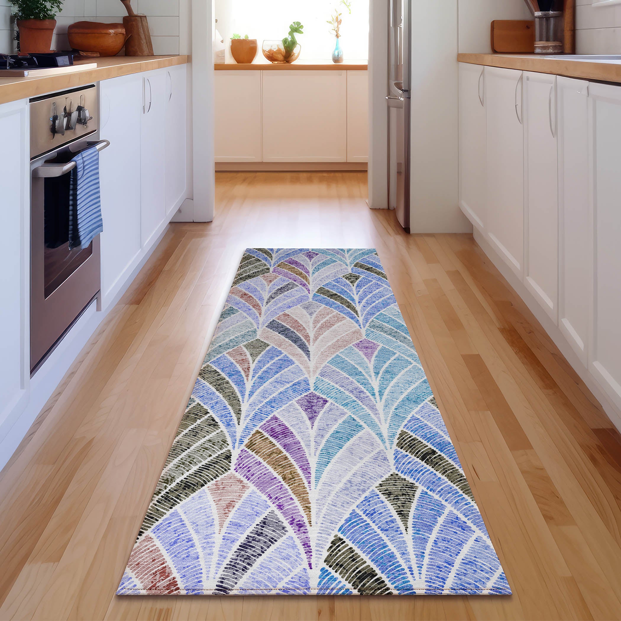 Montevideo Machine Washable Transitional Blue Rug 2'3" x 7'6" #shape_Runner