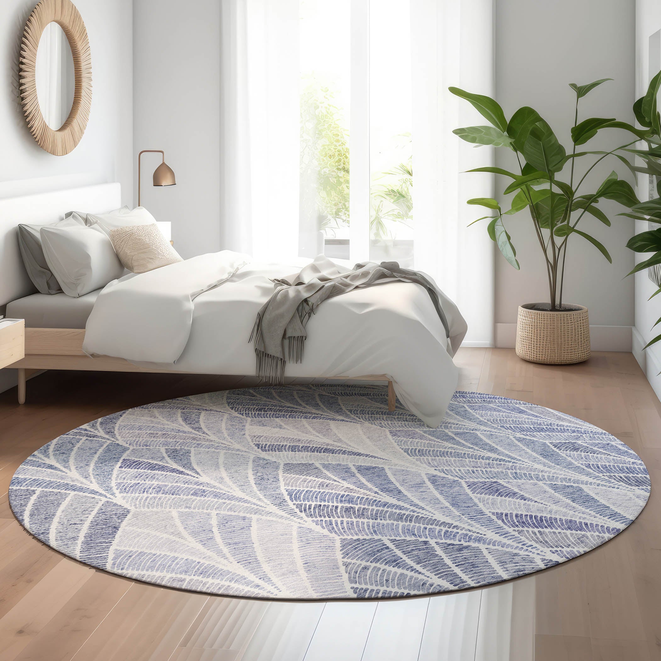 Montevideo Machine Washable Transitional Denim Blue Rug 8' x 8' #shape_Round