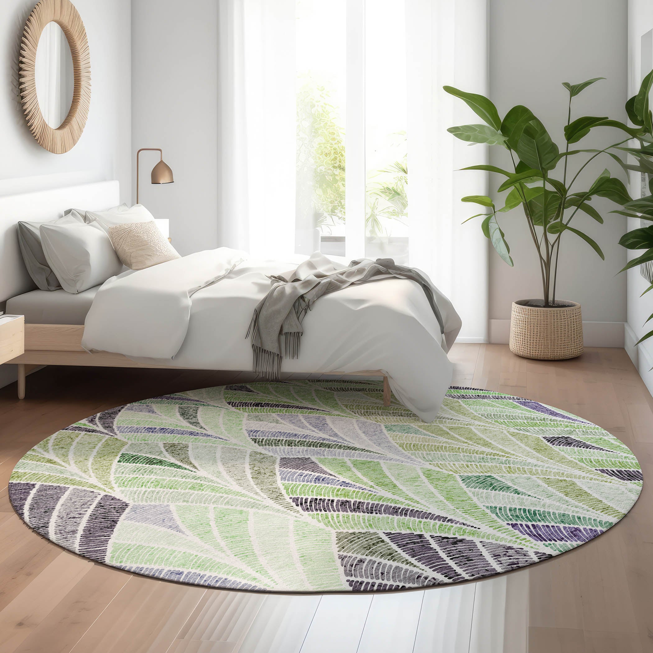 Montevideo Machine Washable Transitional Green Rug 8' x 8' #shape_Round