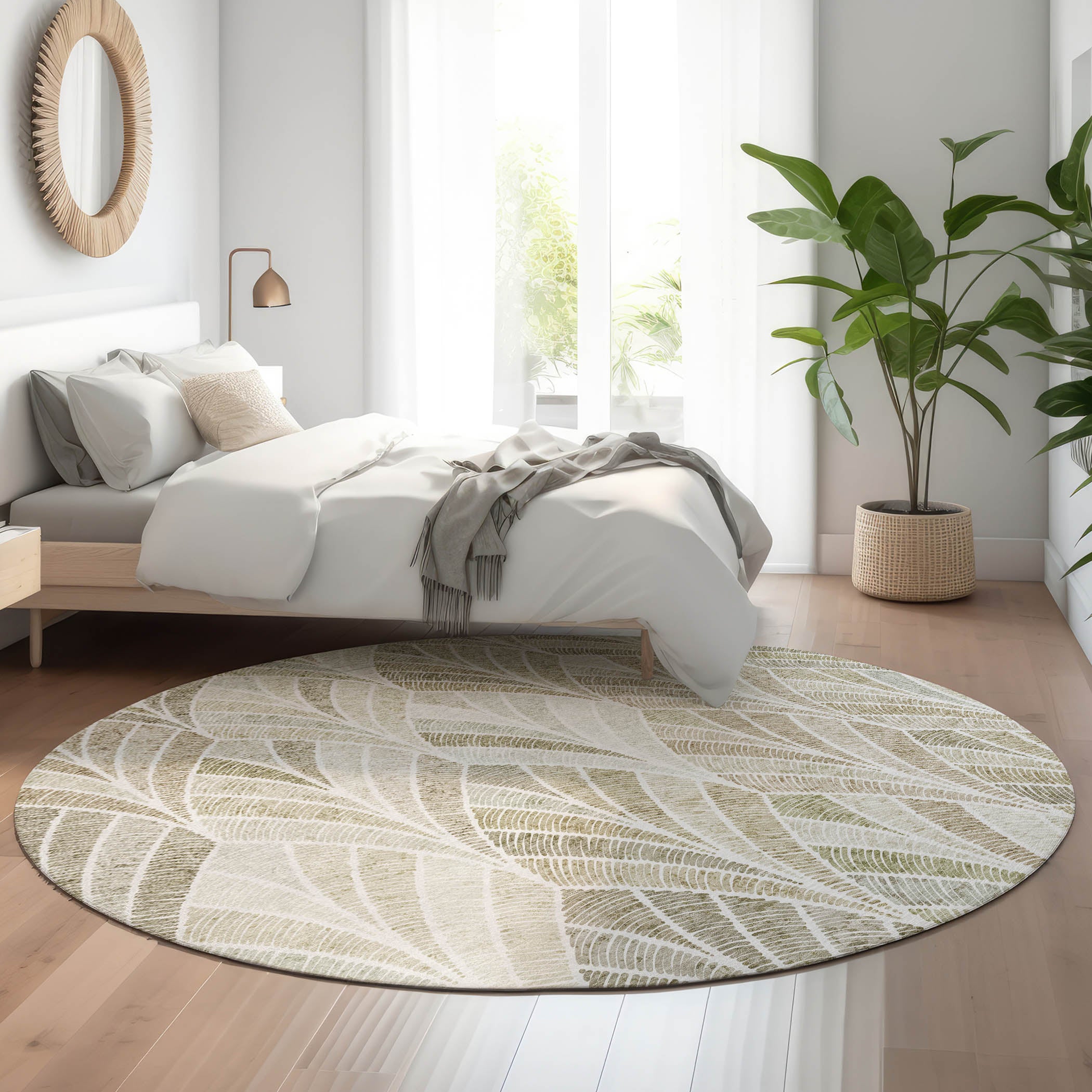 Montevideo Machine Washable Transitional Khaki Brown Rug 8' x 8' #shape_Round