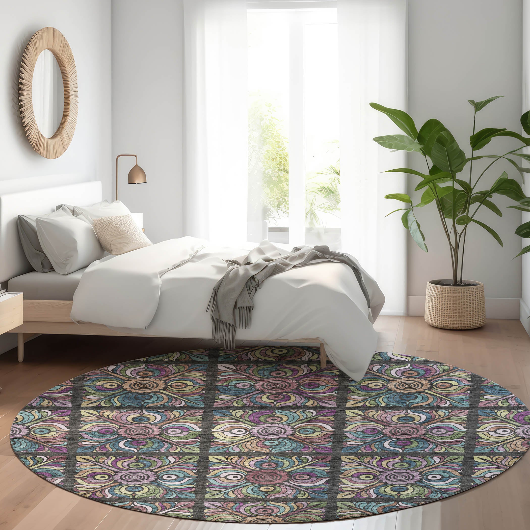 Florence Machine Washable Transitional Black Rug 8' x 8' #shape_Round