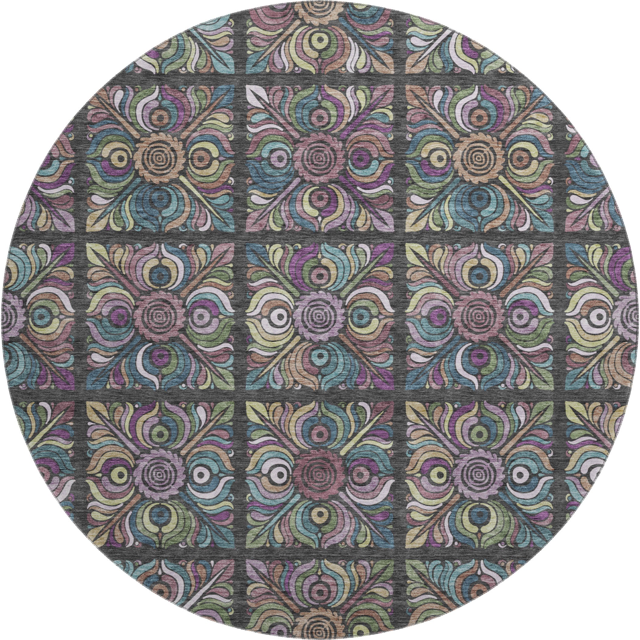 Florence Machine Washable Transitional Black Rug 8' x 8' #shape_Round