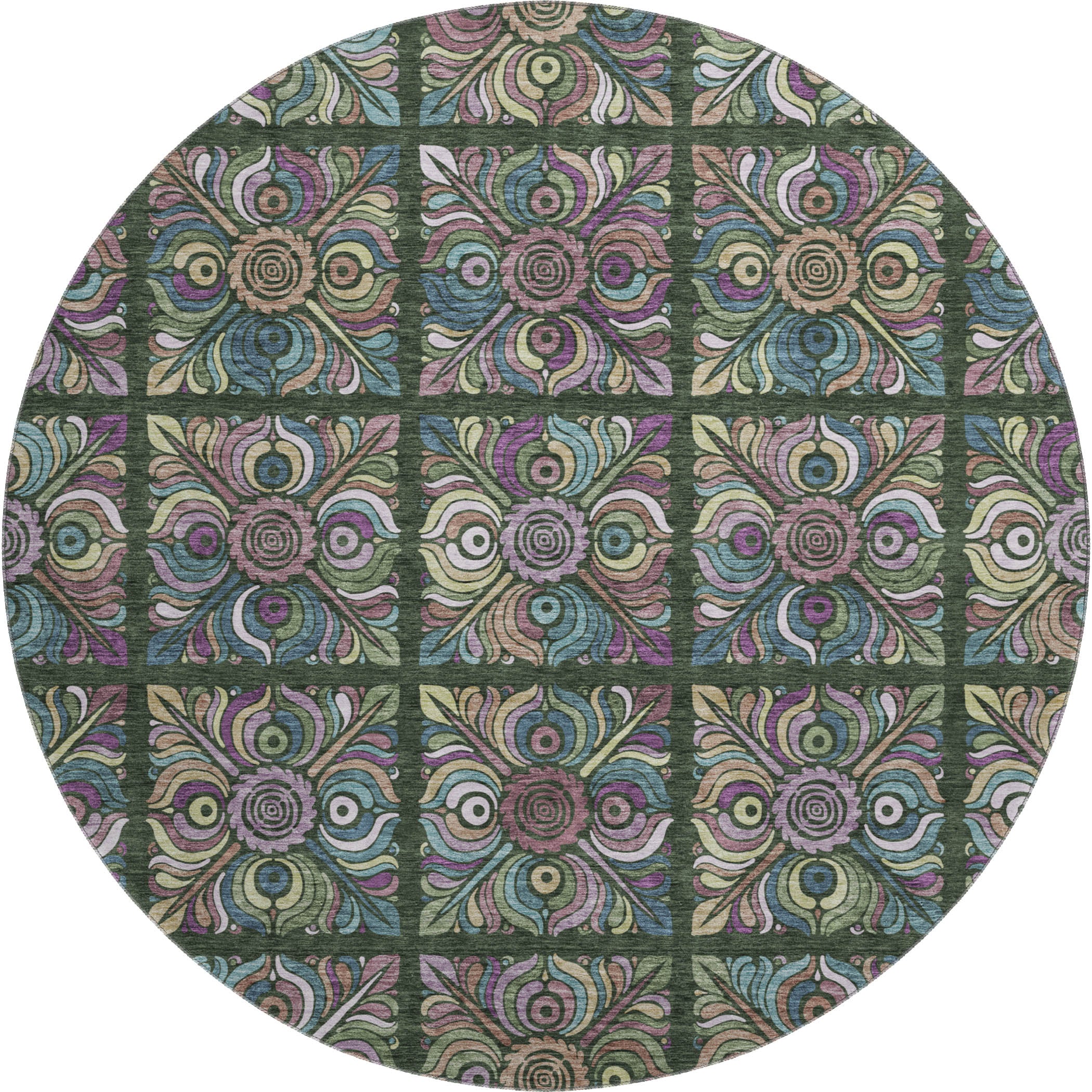 Florence Machine Washable Transitional Fern Green Rug 8' x 8' #shape_Round