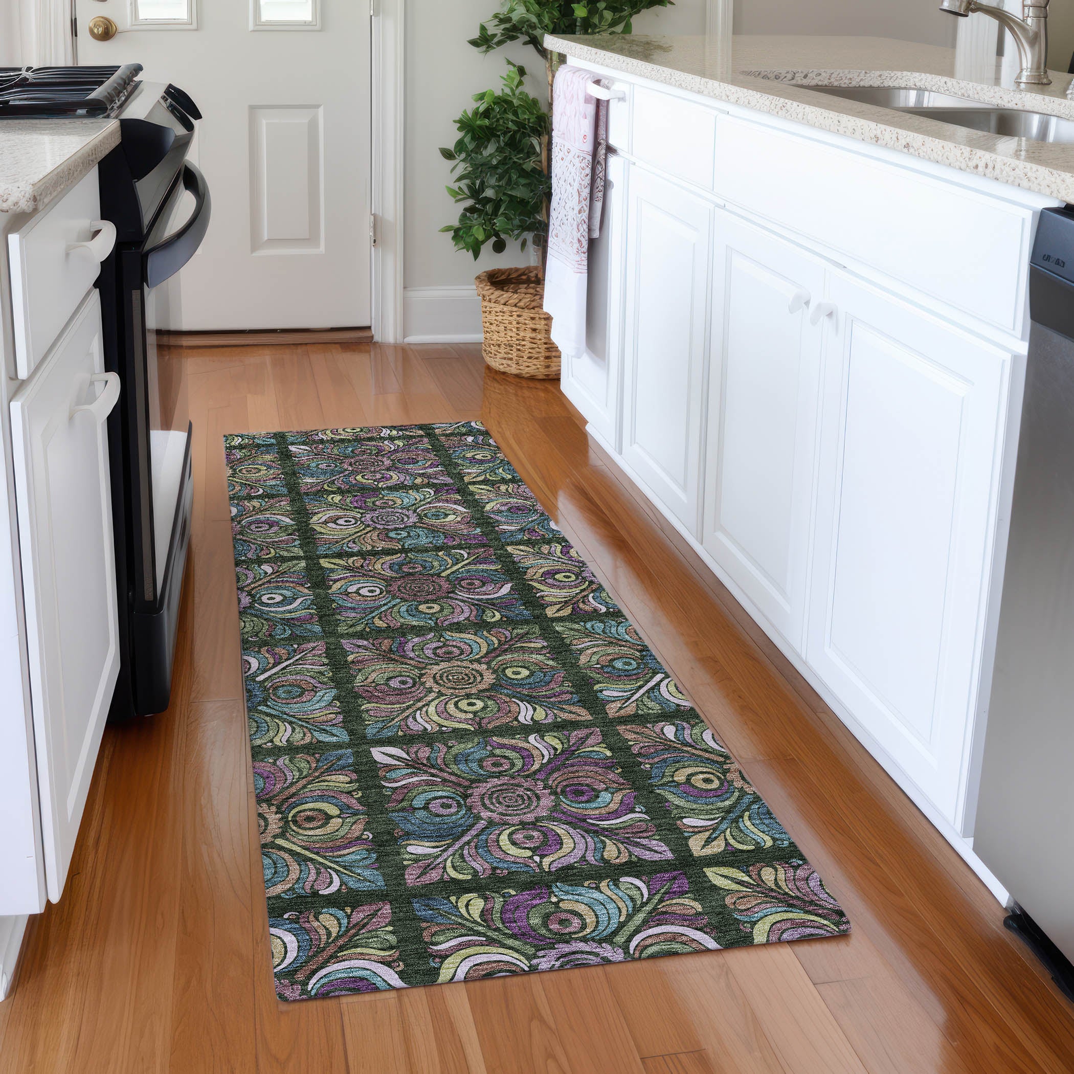 Florence Machine Washable Transitional Fern Green Rug 2'3" x 7'6" #shape_Runner