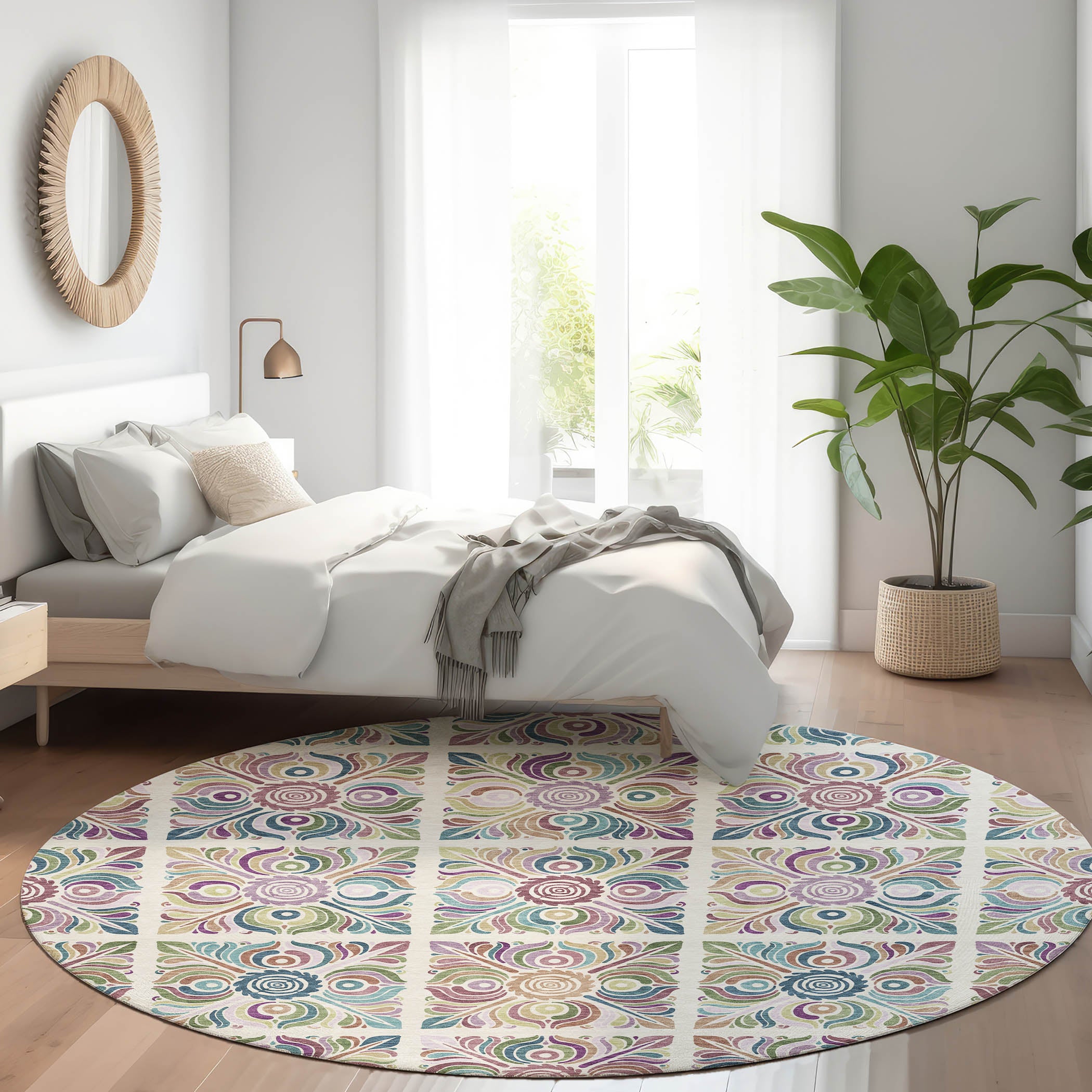 Florence Machine Washable Transitional Ivory Rug 8' x 8' #shape_Round