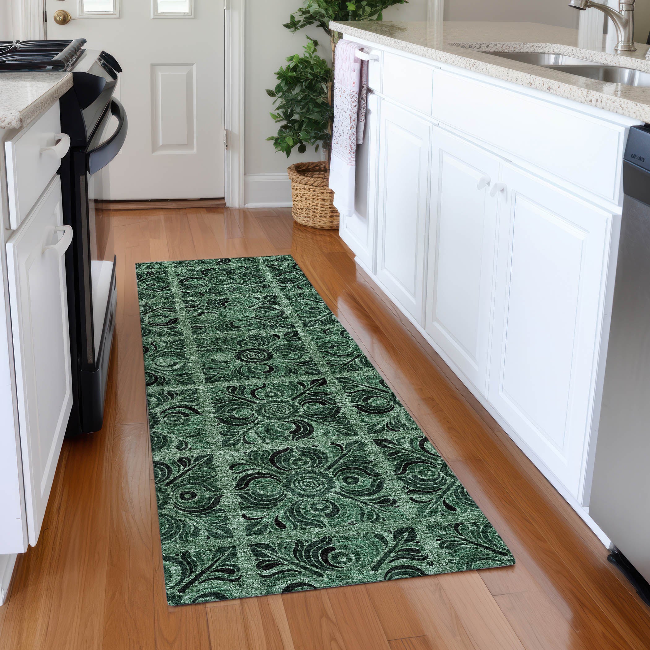 Sarajevo Machine Washable Transitional Green Rug 2'3" x 7'6" #shape_Runner