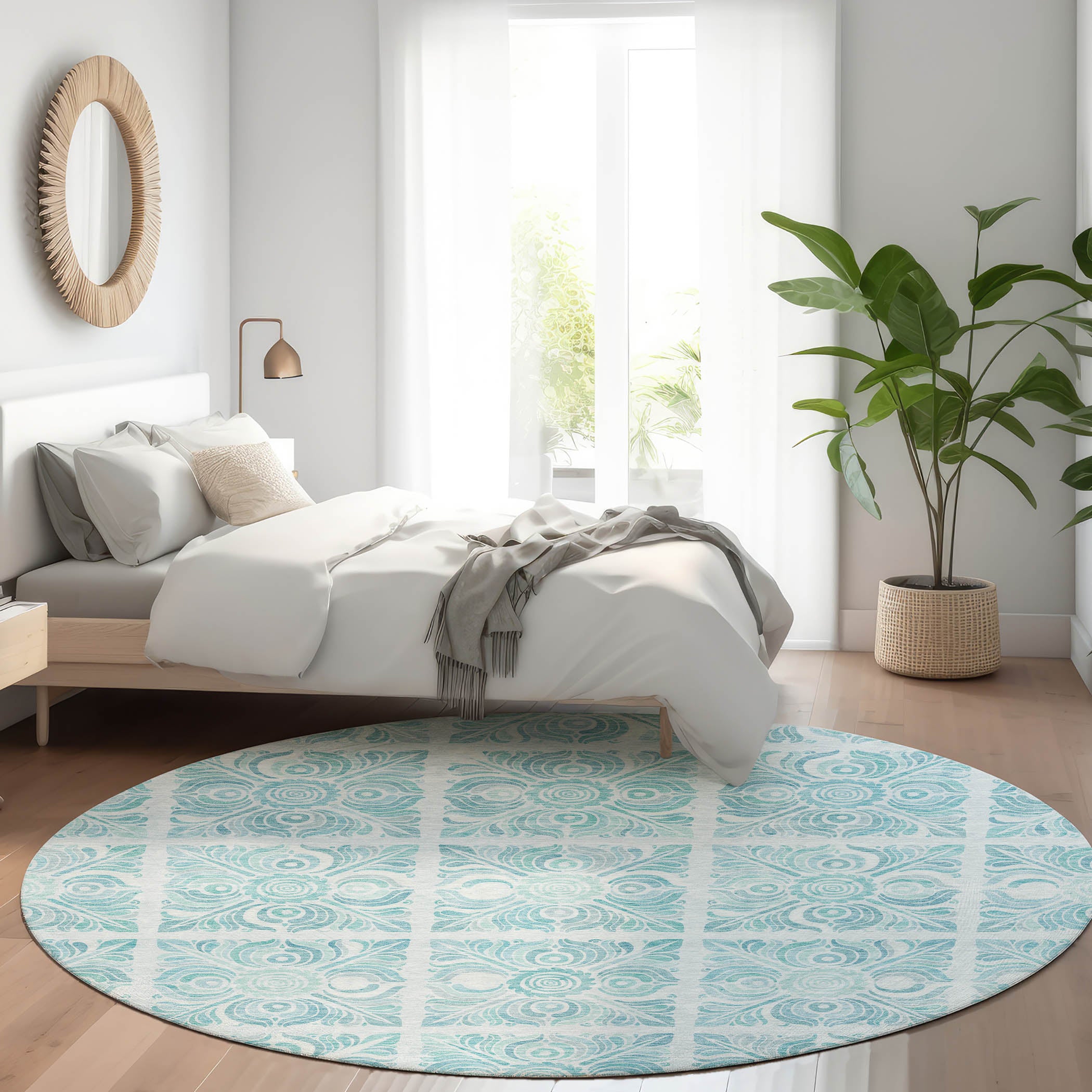 Athens Machine Washable Transitional Turquoise Teal Rug 8' x 8' #shape_Round