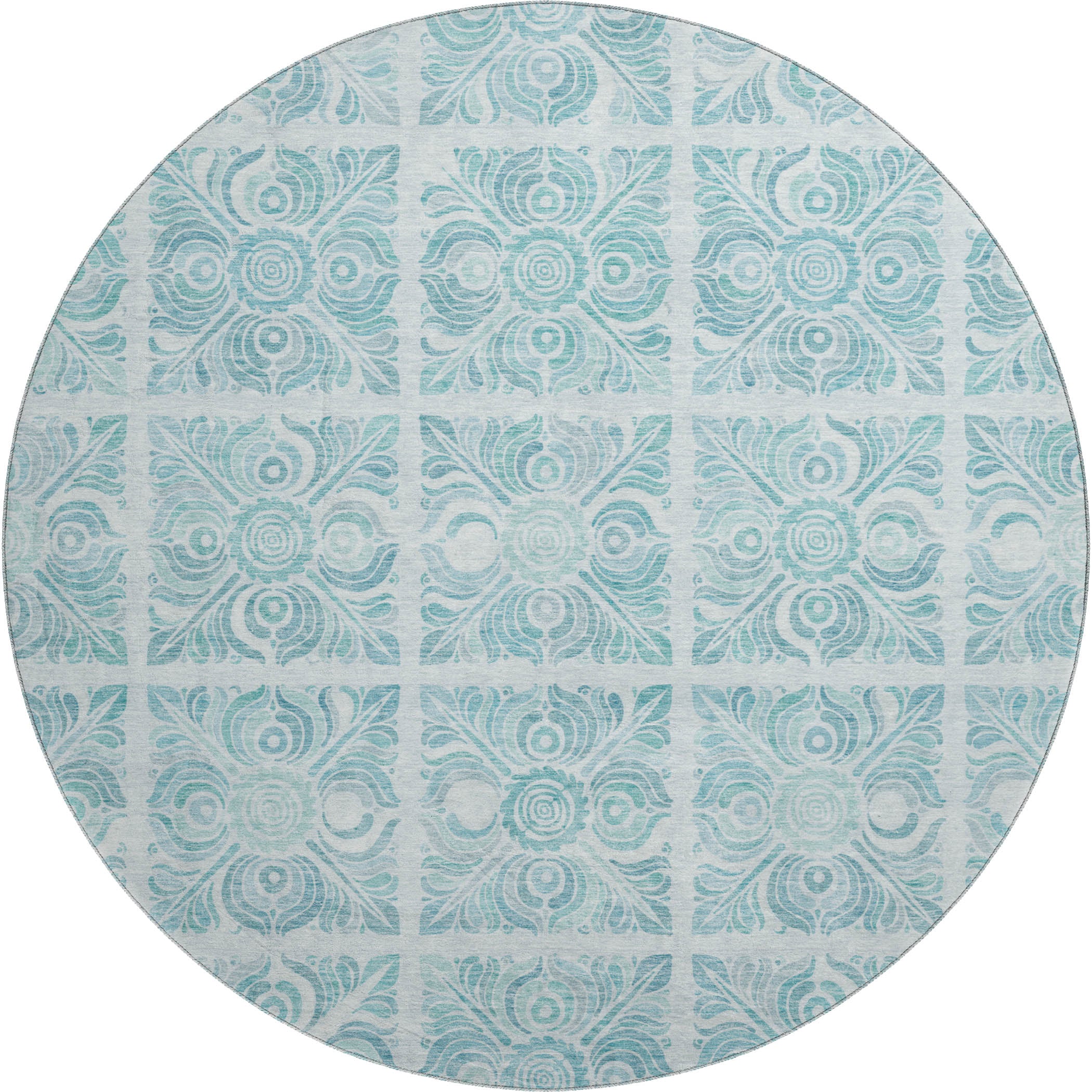 Athens Machine Washable Transitional Turquoise Teal Rug 8' x 8' #shape_Round