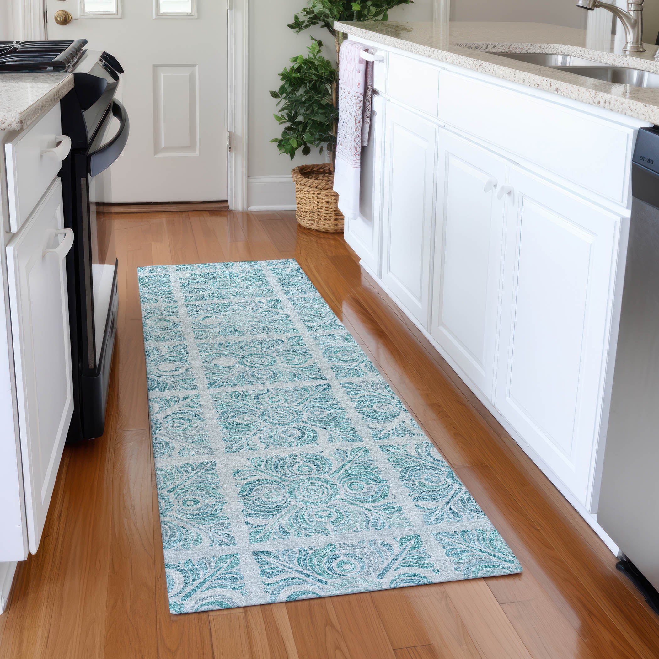 Athens Machine Washable Transitional Turquoise Teal Rug 2'3" x 7'6" #shape_Runner
