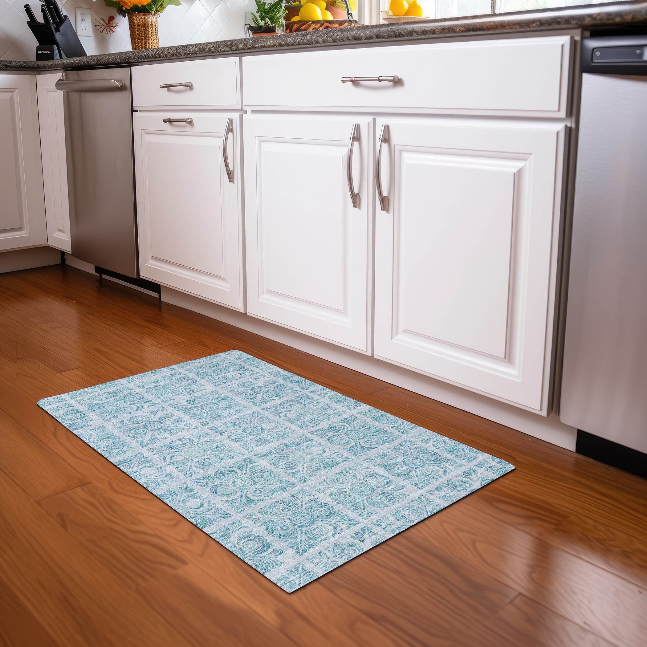 Athens Machine Washable Transitional Turquoise Teal Rug 1'8" x 2'6" #shape_Rectangle