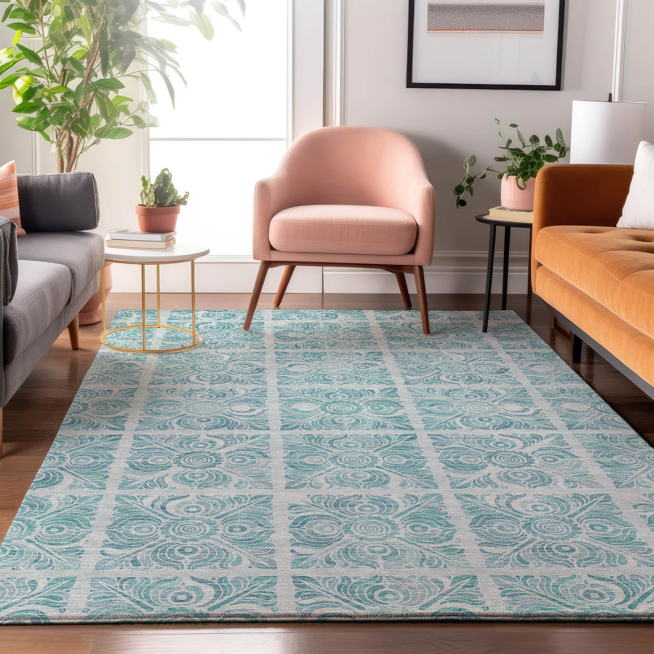 Athens Machine Washable Transitional Turquoise Teal Rug 2'6" x 3'10" #shape_Rectangle
