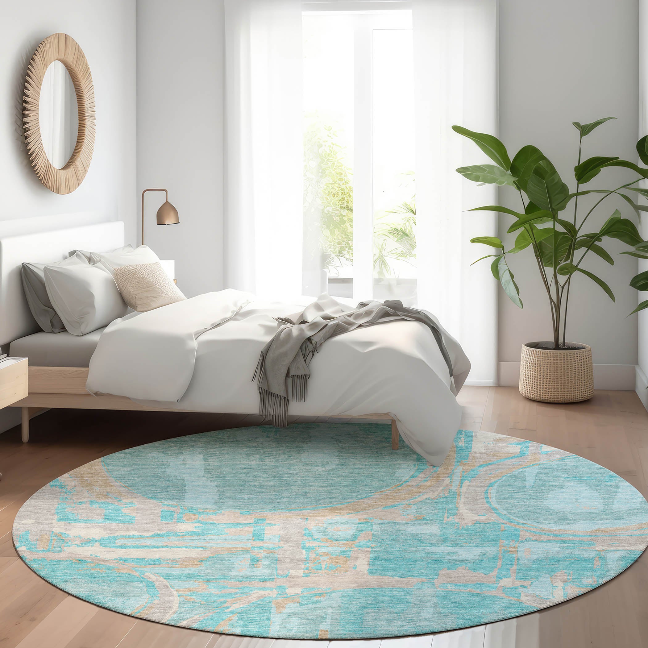 Lima Machine Washable Transitional Teal Rug 8' x 8' #shape_Round