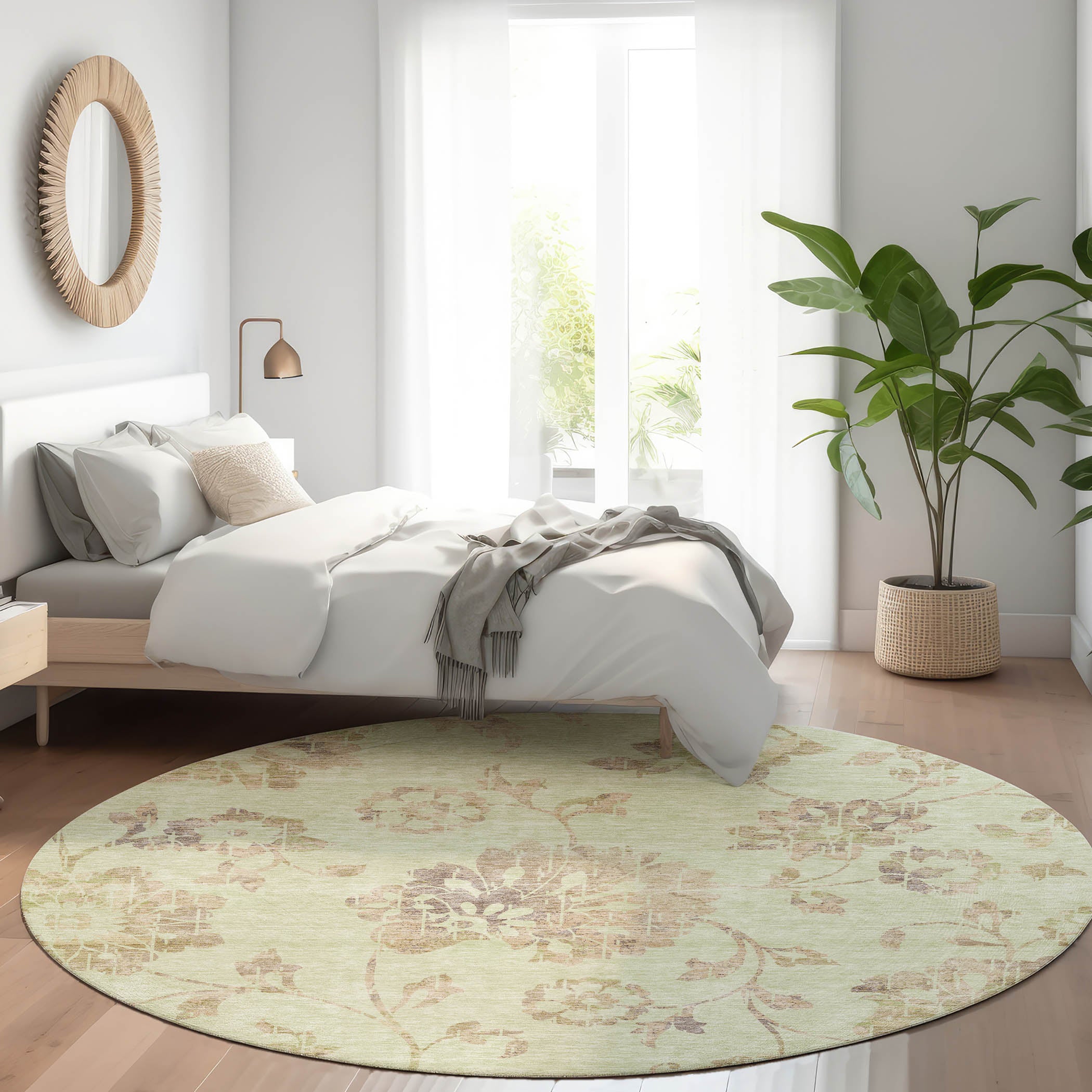 Cusco Machine Washable Transitional Aloe Green Rug 8' x 8' #shape_Round