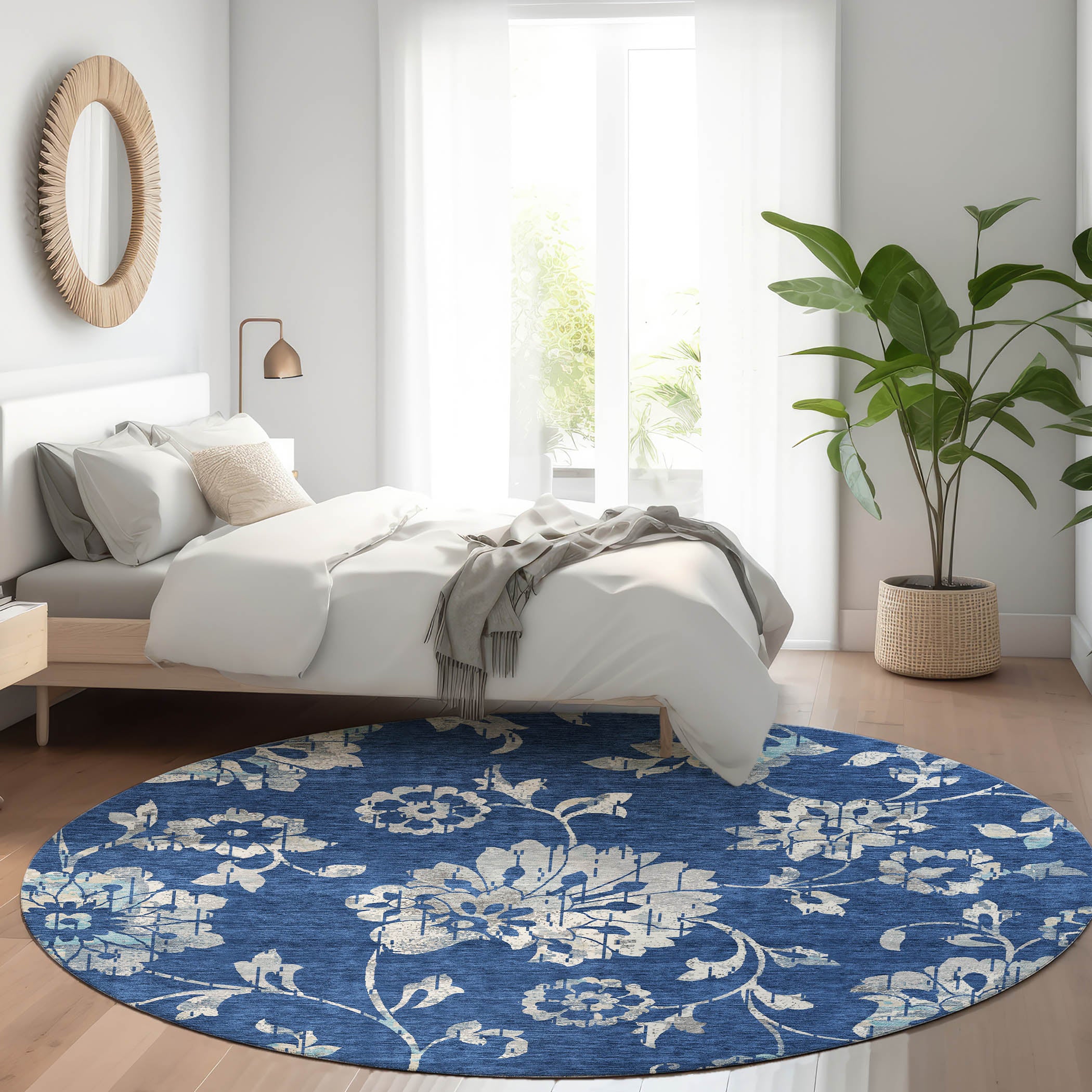 Cusco Machine Washable Transitional Navy Blue Rug 8' x 8' #shape_Round