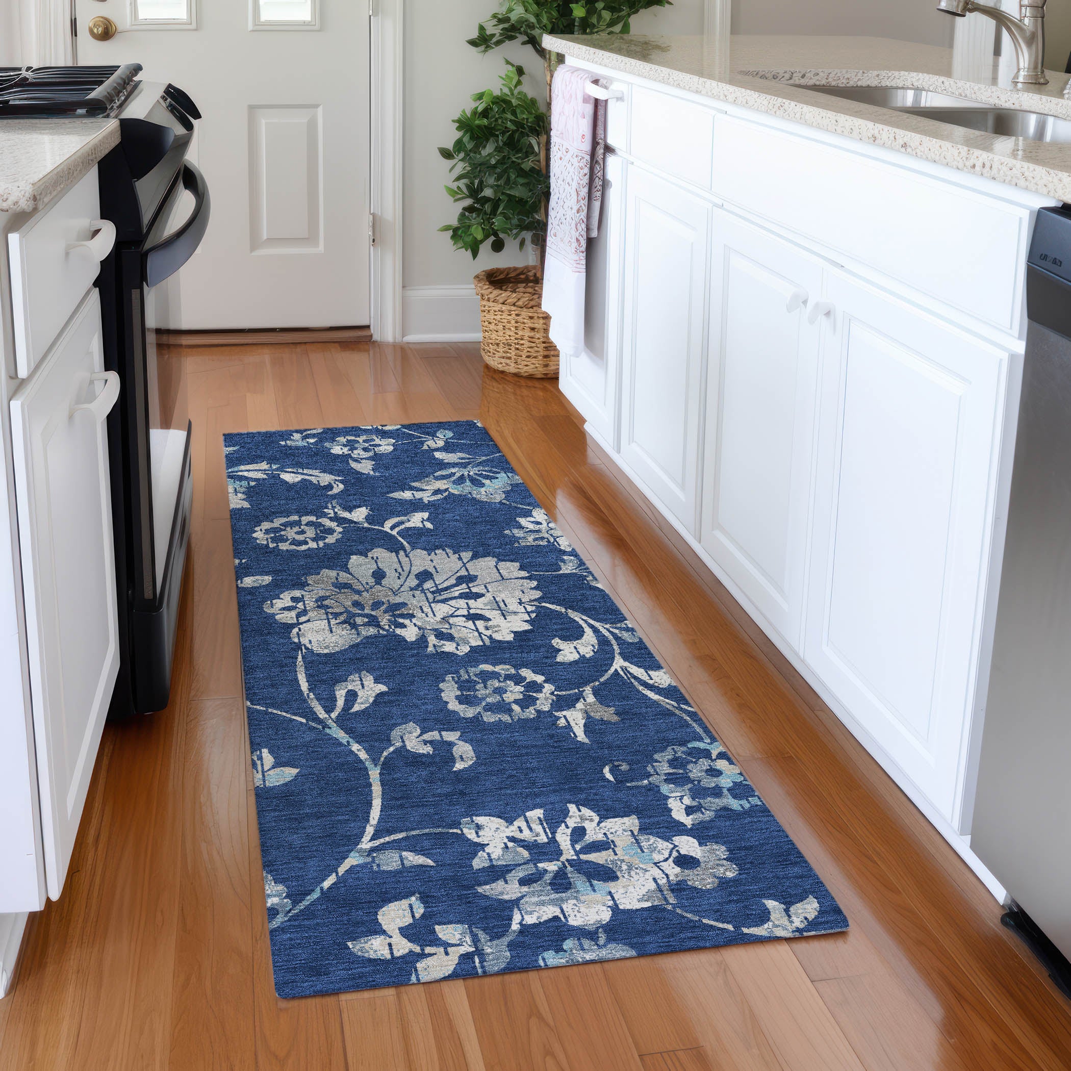 Cusco Machine Washable Transitional Navy Blue Rug 2'3" x 7'6" #shape_Runner