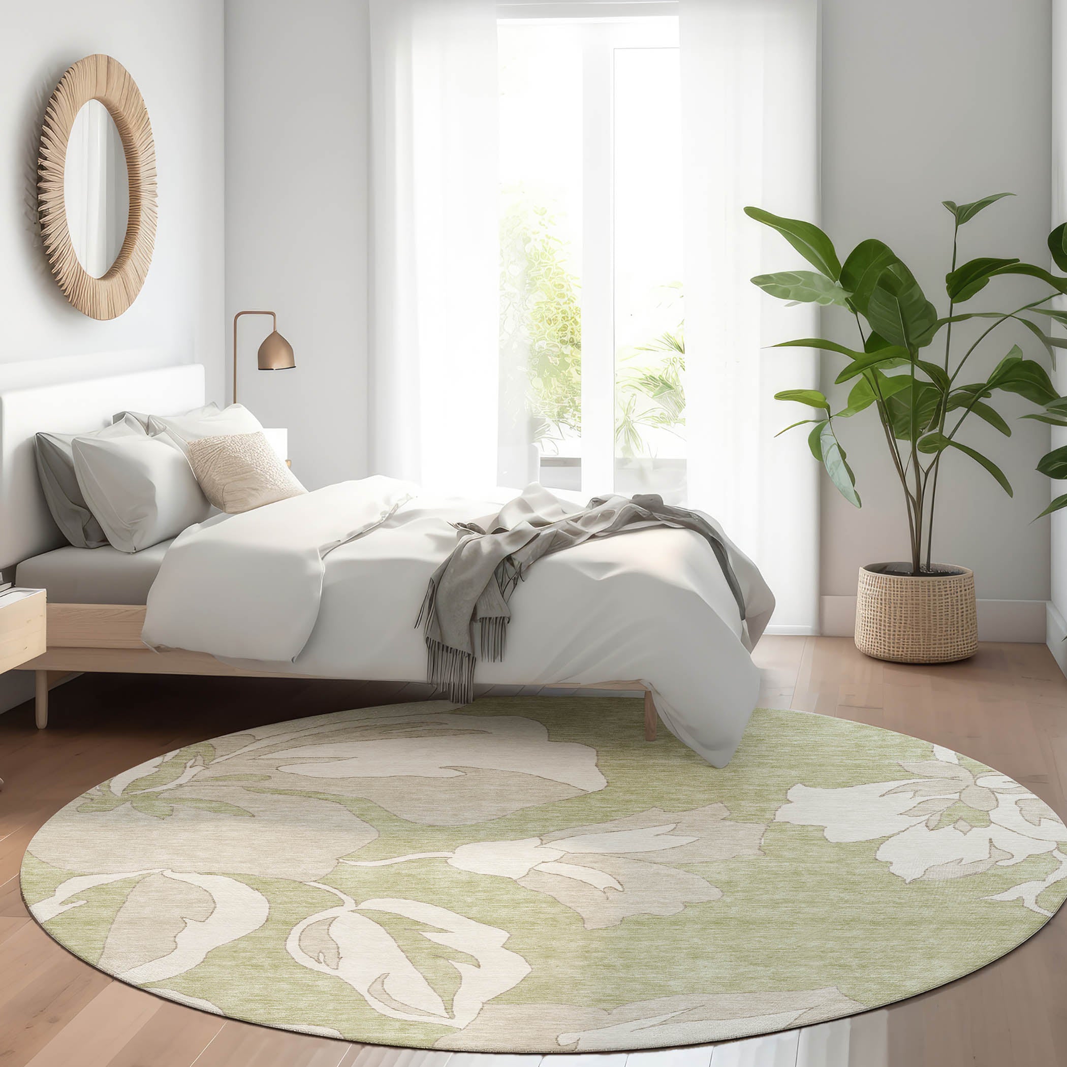 Oaxaca Machine Washable Transitional Aloe Green Rug 8' x 8' #shape_Round