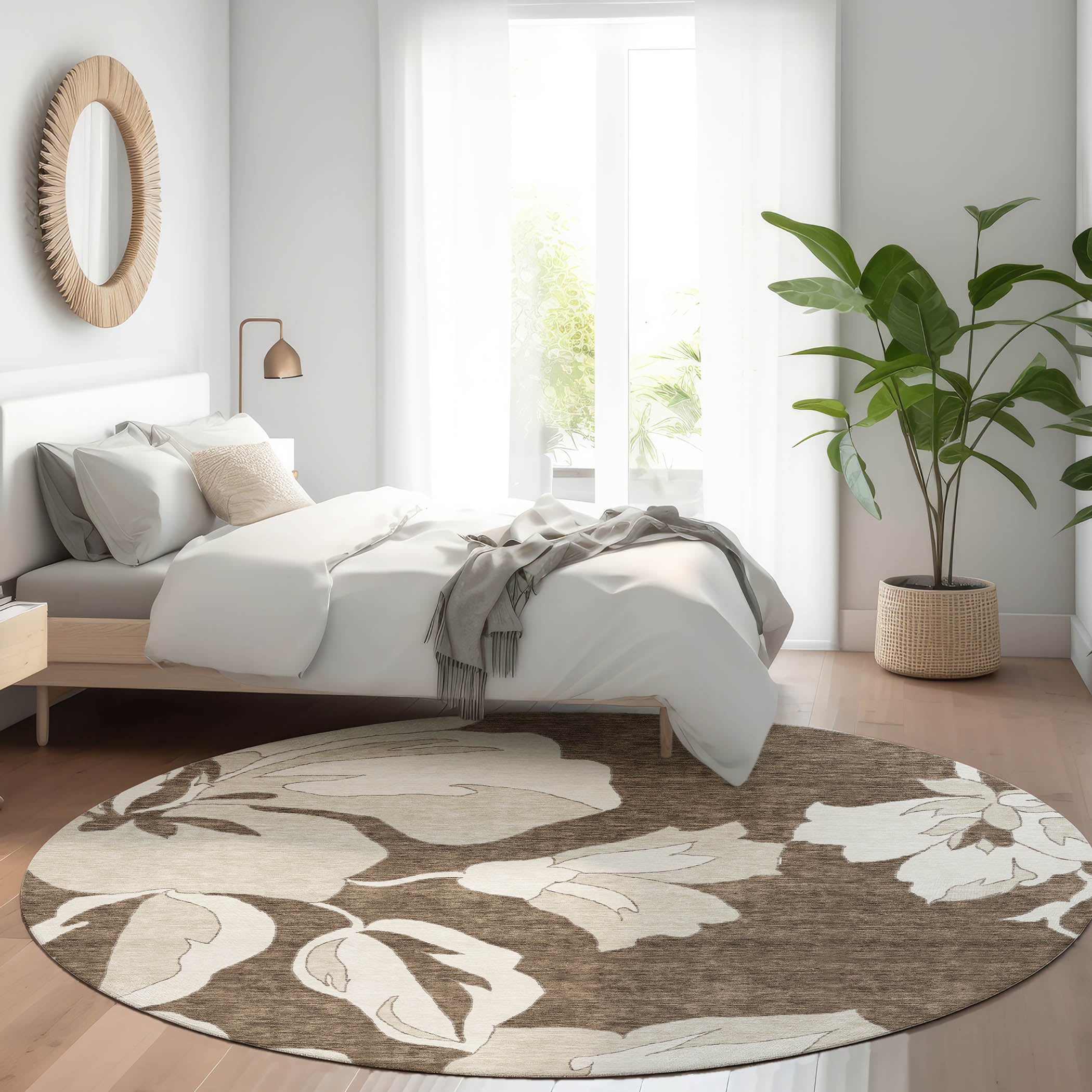Oaxaca Machine Washable Transitional Brown Rug 8' x 8' #shape_Round