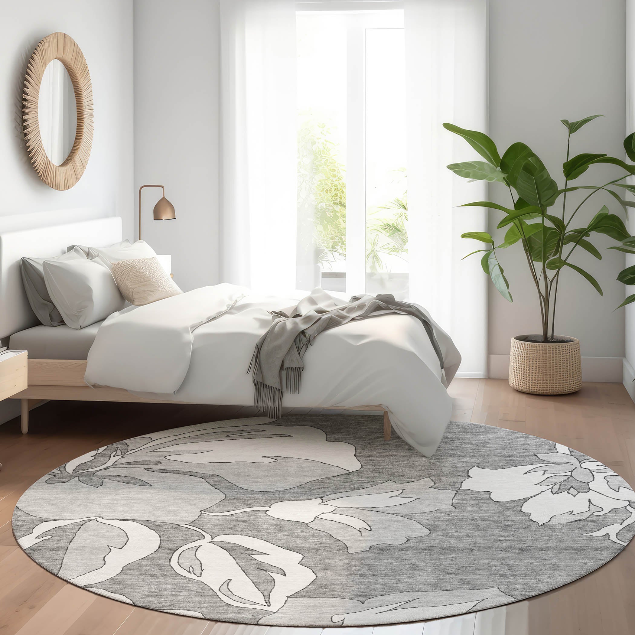 Oaxaca Machine Washable Transitional Gray Rug 8' x 8' #shape_Round