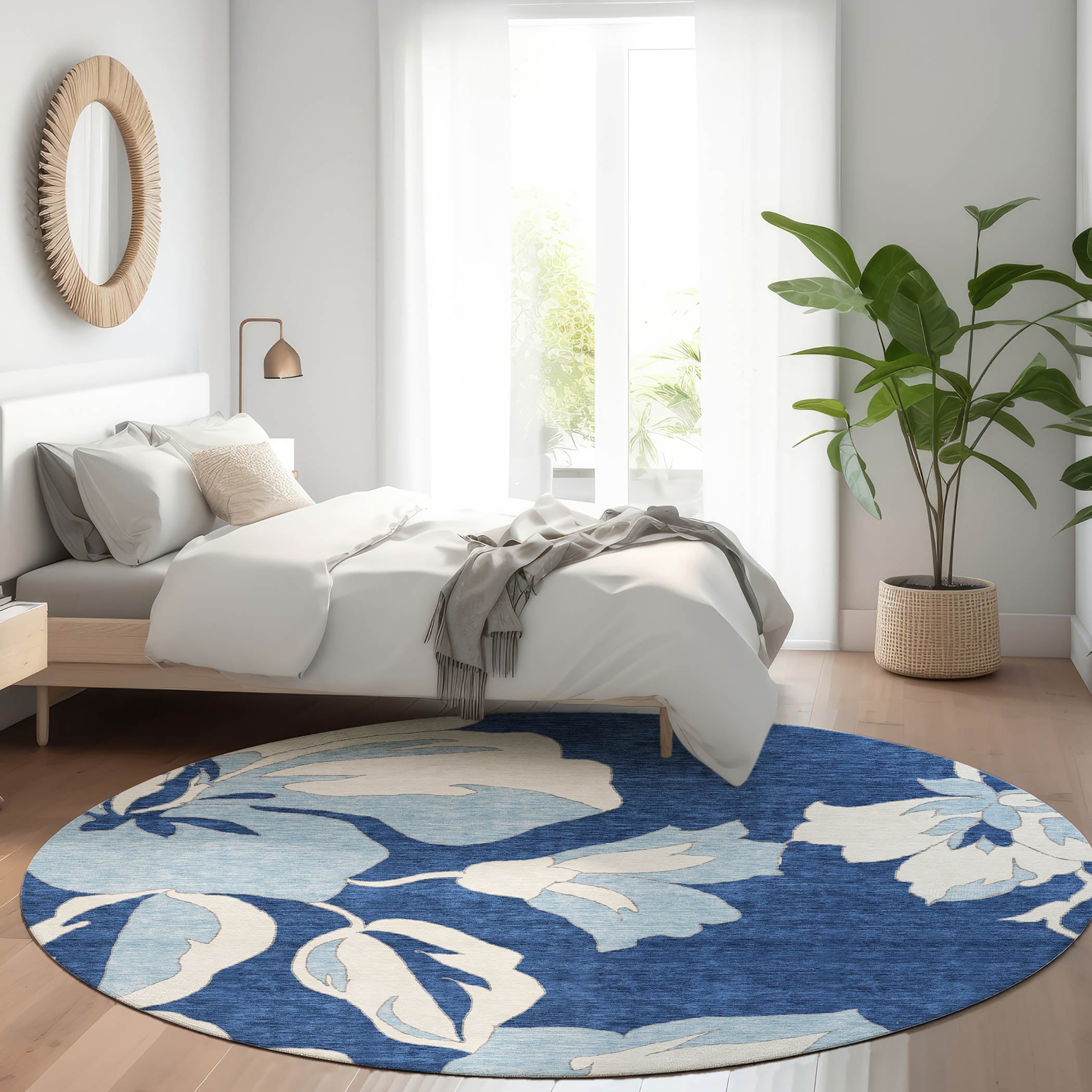 Oaxaca Machine Washable Transitional Navy Blue Rug 8' x 8' #shape_Round