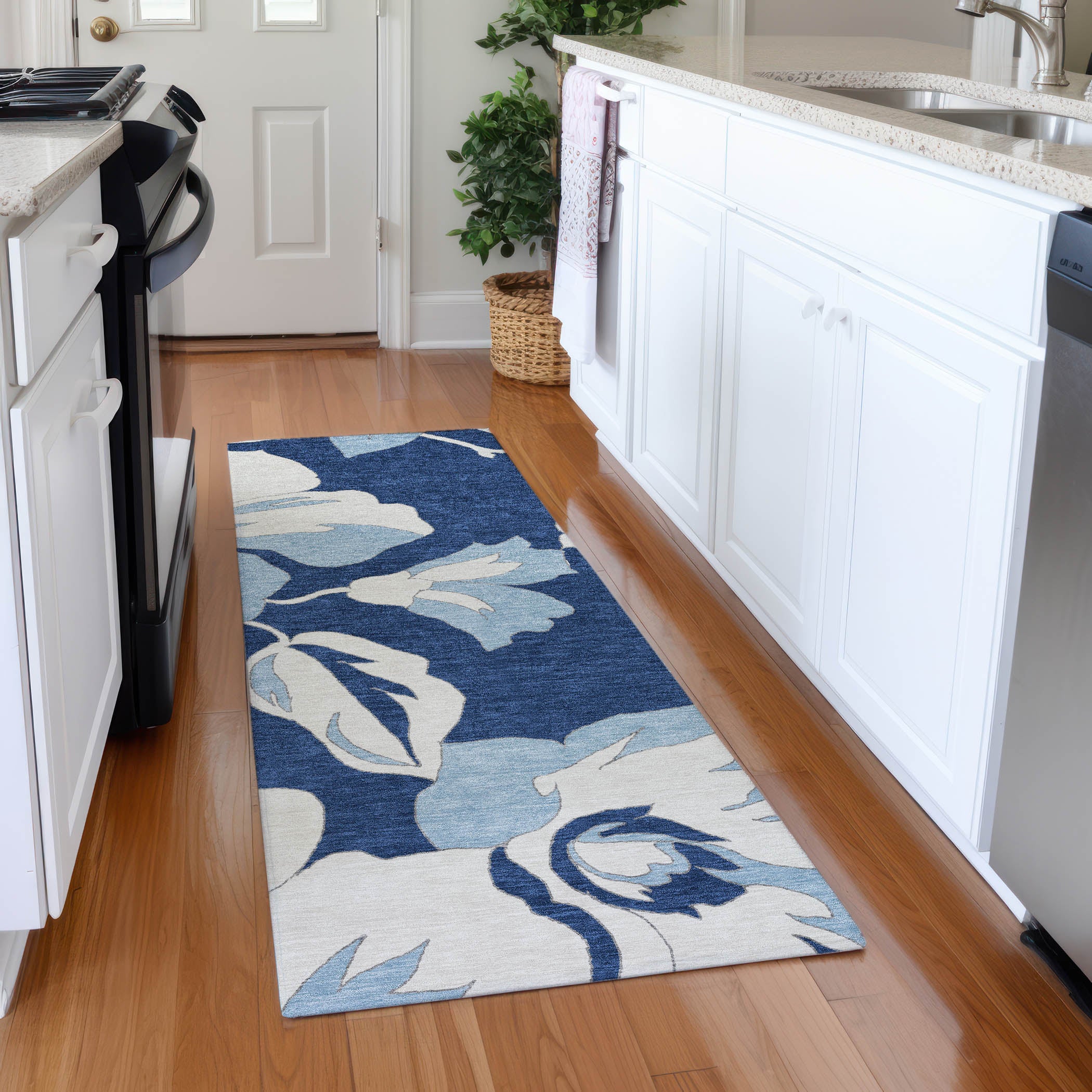 Oaxaca Machine Washable Transitional Navy Blue Rug 2'3" x 7'6" #shape_Runner