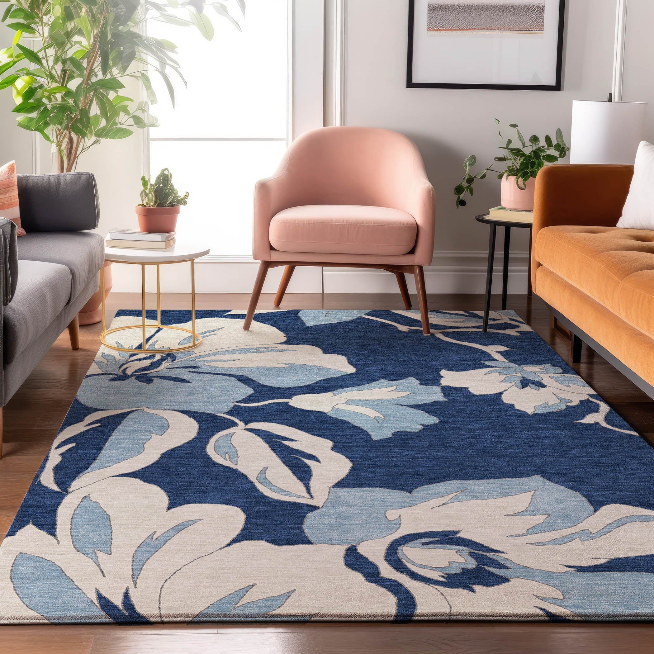 Oaxaca Machine Washable Transitional Navy Blue Rug 2'6" x 3'10" #shape_Rectangle